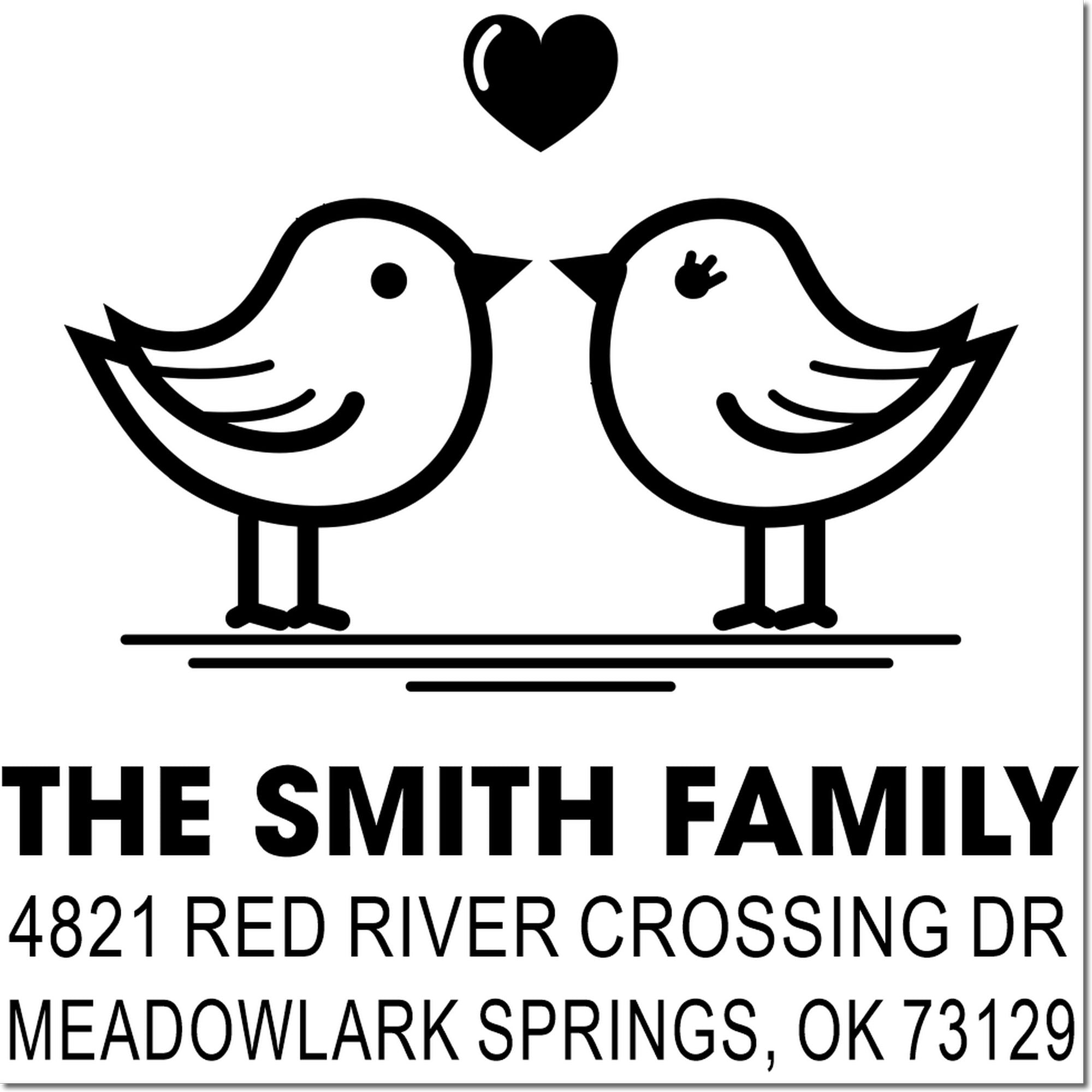 Custom rubber stamp with two birds and heart design, featuring The Smith Family name and return address in Meadowlark Springs, OK 73129.