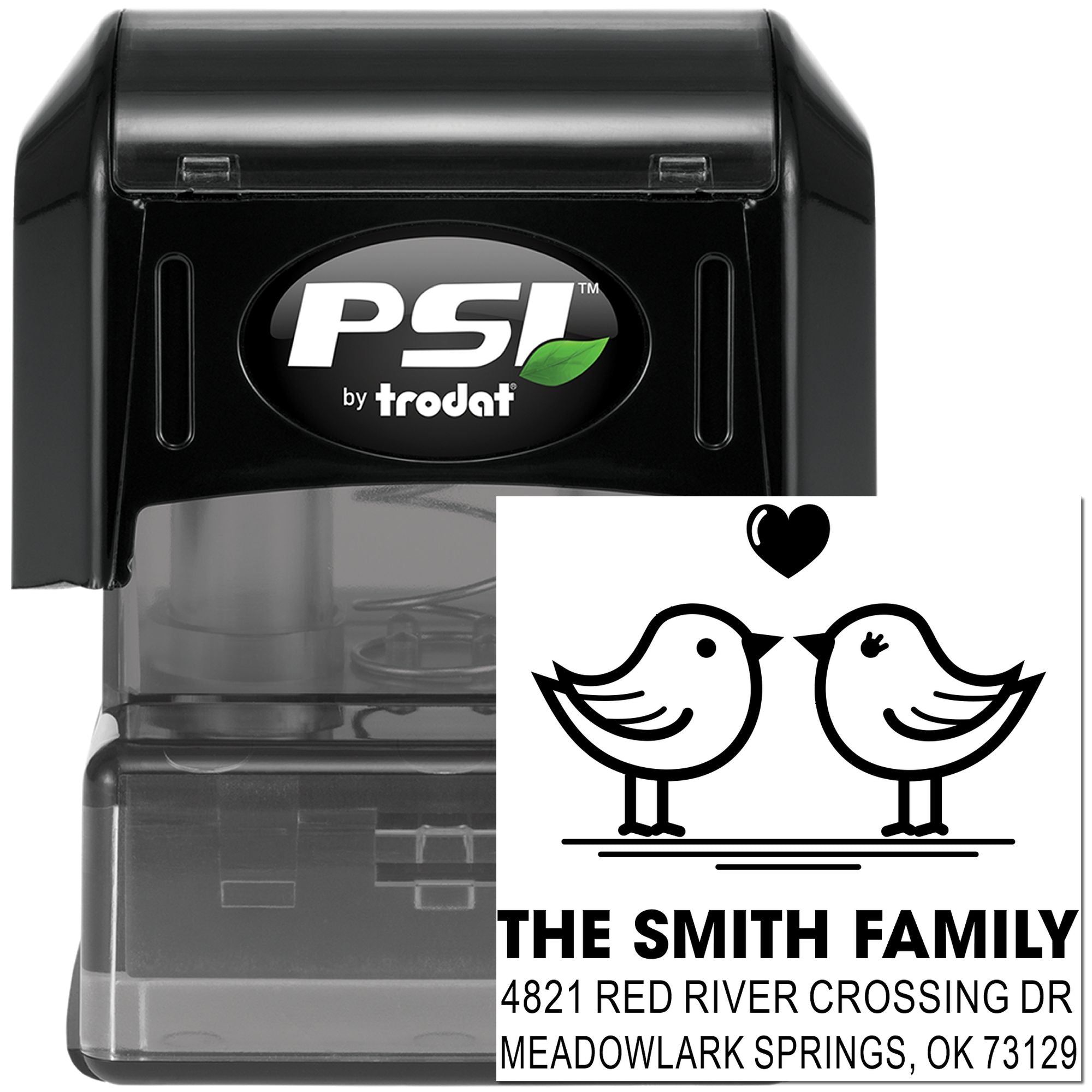 PSI by Trodat self-inking rubber stamp with two birds and heart design, personalized family name and address for wedding or holiday mail.