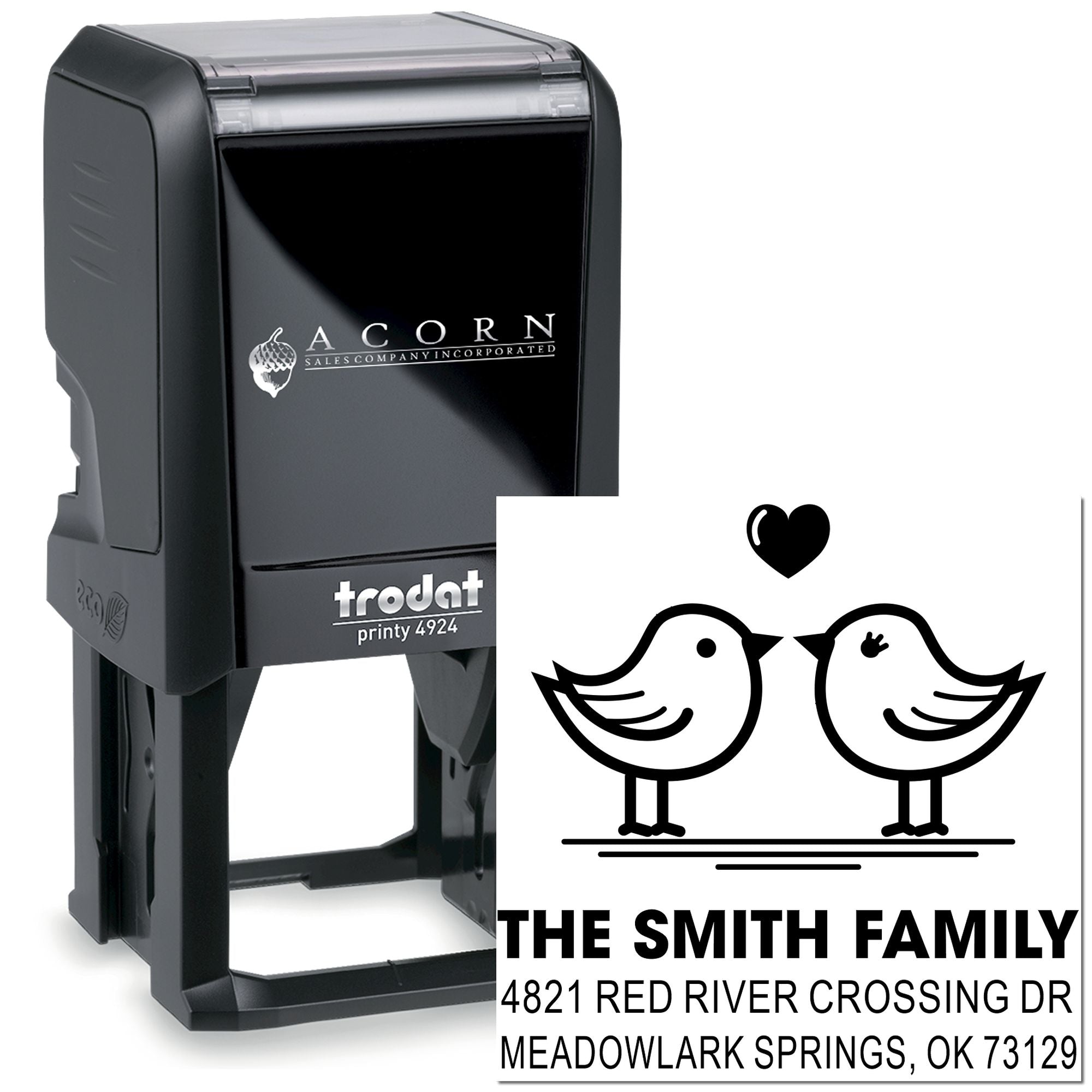 Custom self-inking rubber address stamp with two birds and heart design, personalized family name and return address for envelopes, cards, and stationery.