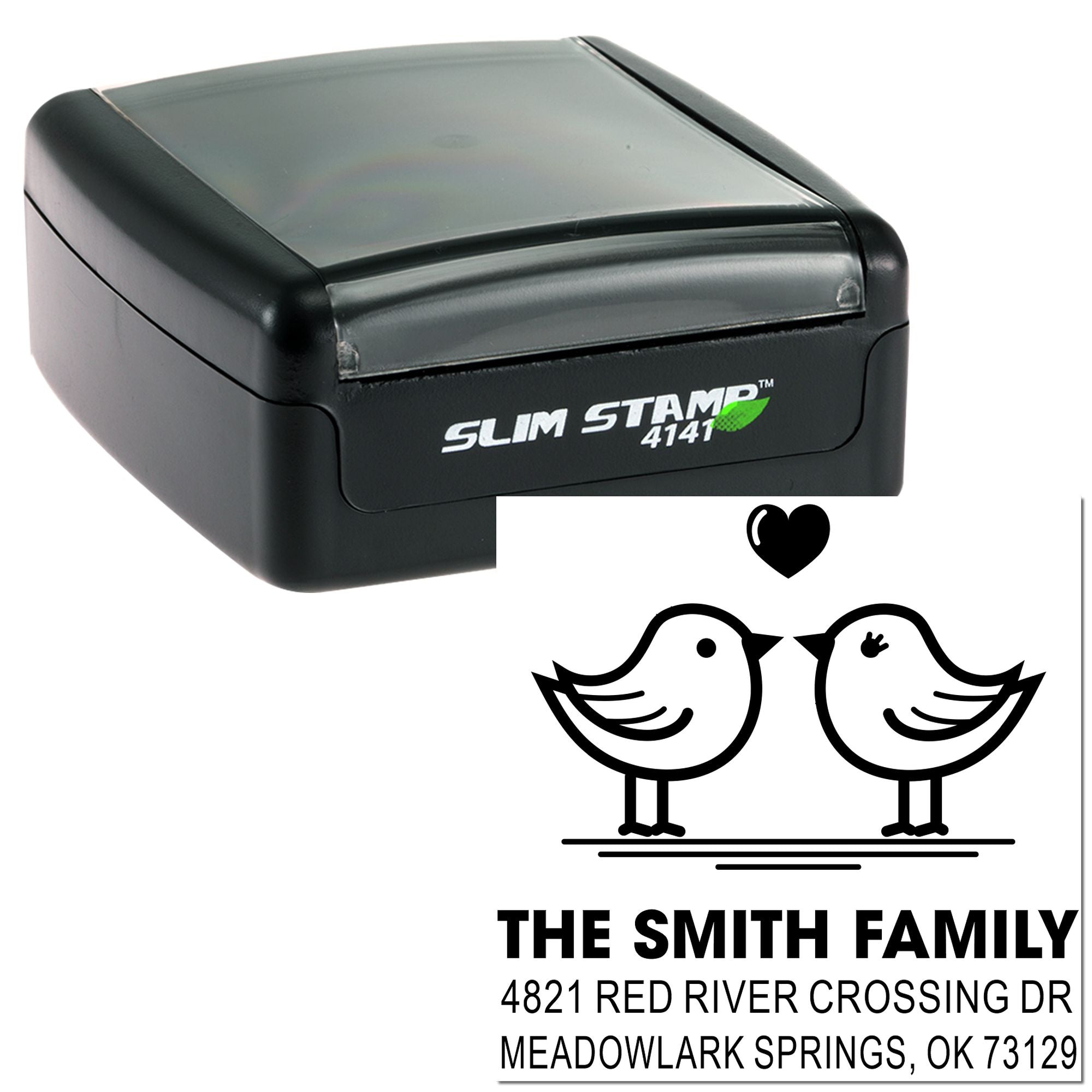 Black Slim Stamp 4141 self-inking rubber stamp with custom family address design, bird graphic, and personalized mailing address for envelopes