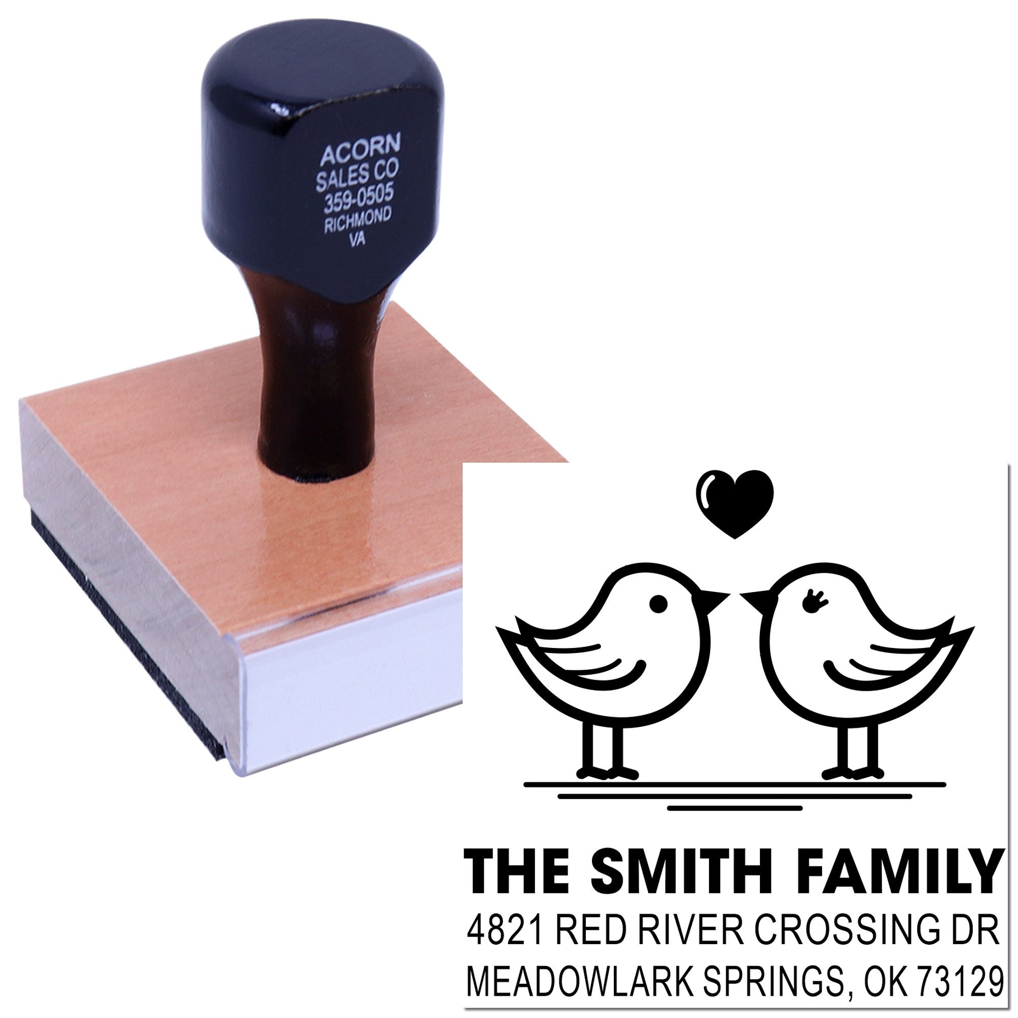 Custom personalized rubber address stamp with wood handle, lovebird family design, and return address for wedding invitations or home office use.