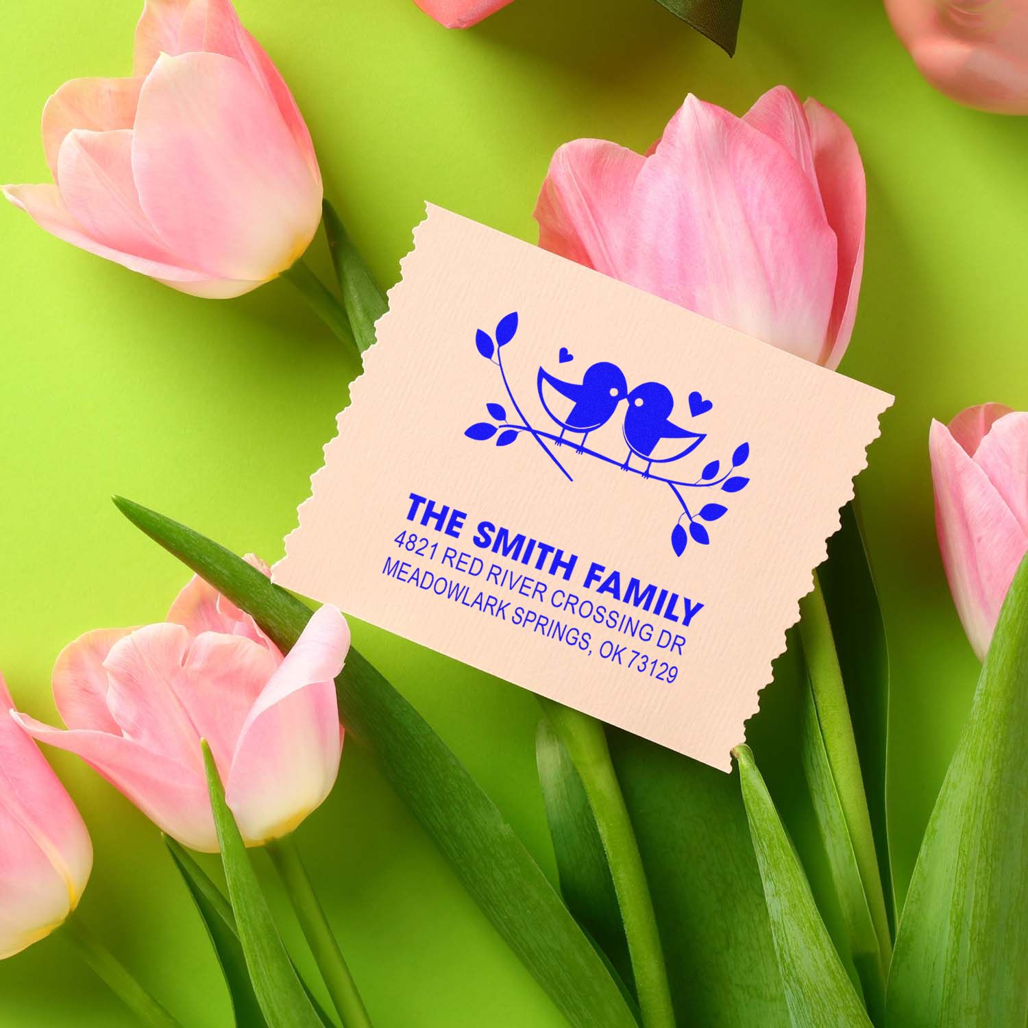 Custom family return address rubber stamp with bird and branch design, personalized for envelopes, cards, wedding invitations, and stationery.
