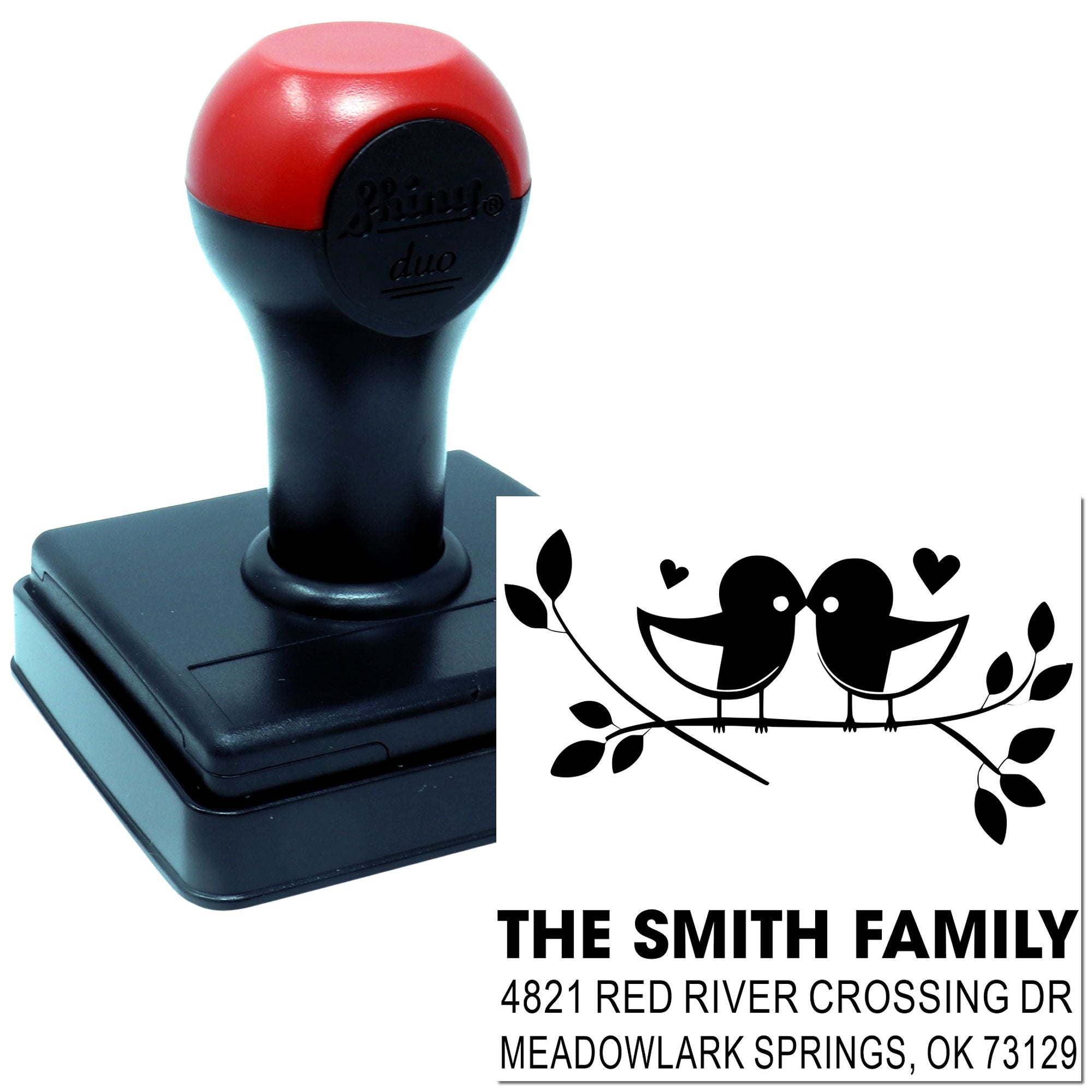 Custom self-inking rubber address stamp with birds, The Smith Family name, and return address for personalized mailing, cards, and invitations