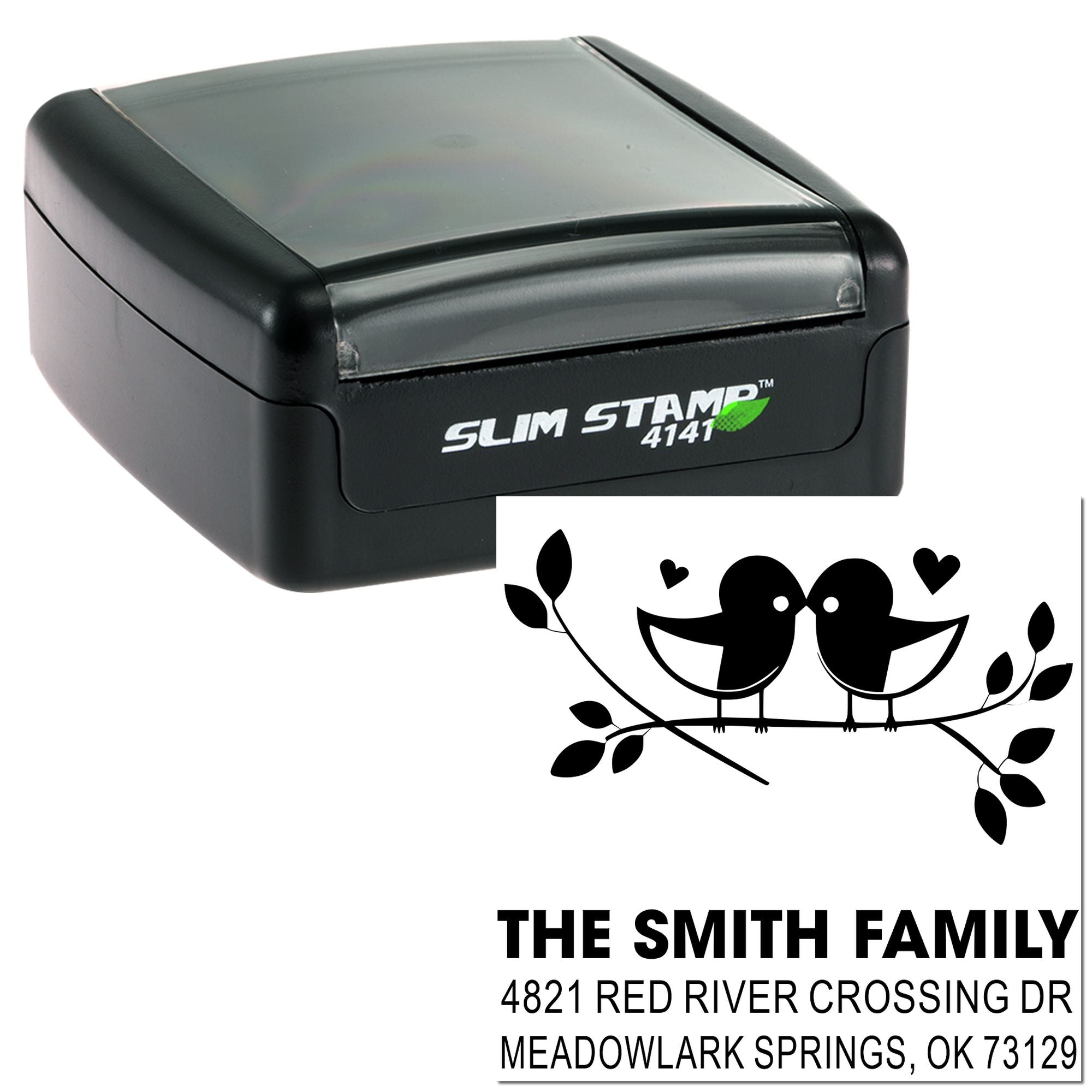 Custom self-inking Slim Stamp 4141 address rubber stamp with bird couple design and The Smith Family return address for personalized mailing envelopes