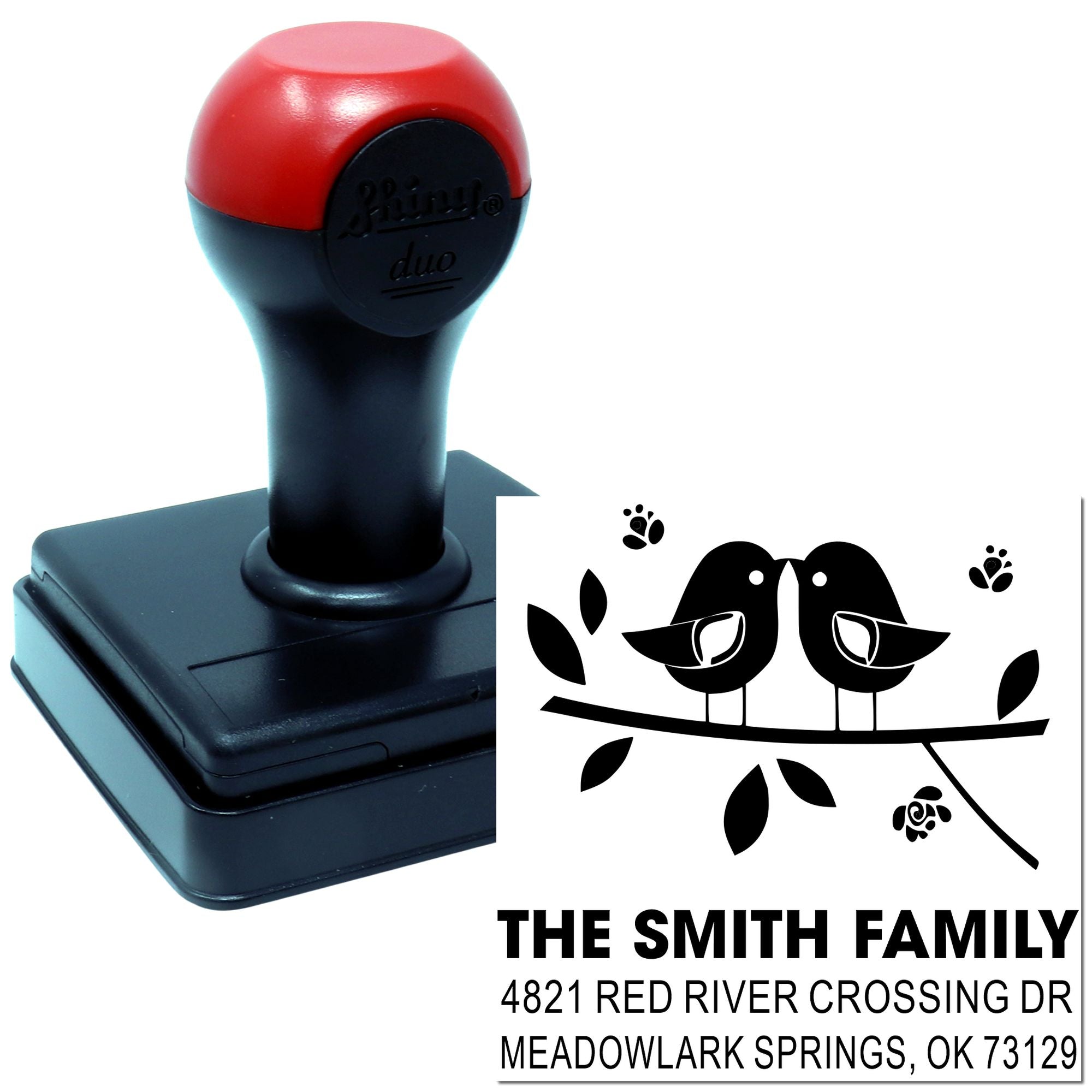 Custom self-inking rubber address stamp with bird branch design, personalized family name and return address for mailing, stationery, envelopes and home use