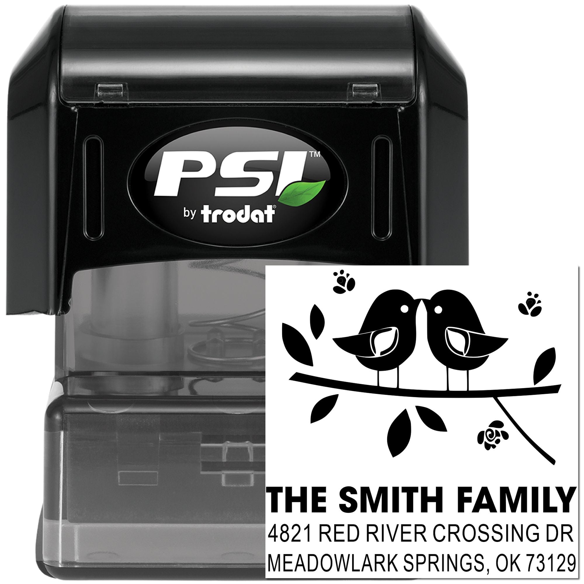 Custom self-inking rubber address stamp with bird and branch design, personalized family name and return address, PSI by Trodat for home mailing.