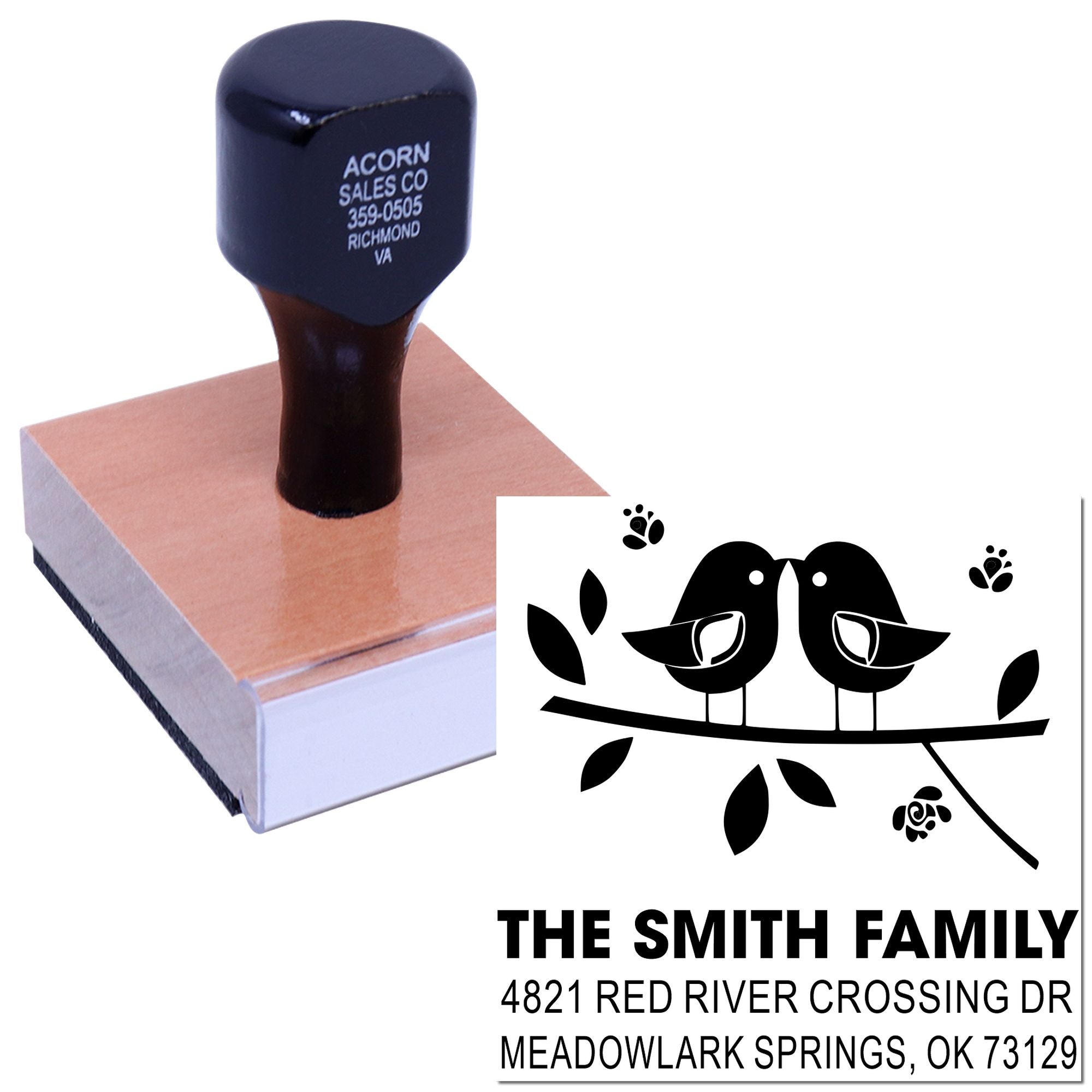 Custom self-inking address rubber stamp with bird branch design and family name, perfect for envelopes, cards, and personalized mailings