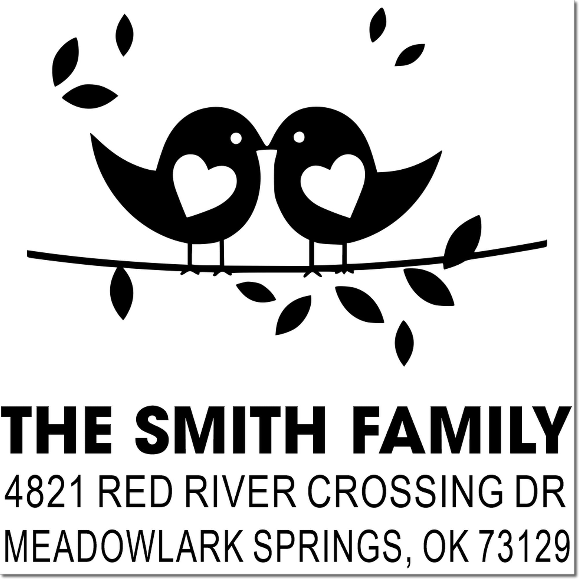 Personalized rubber stamp with two lovebirds on a branch, Smith family name, and custom return address for Meadowlark Springs, OK 73129
