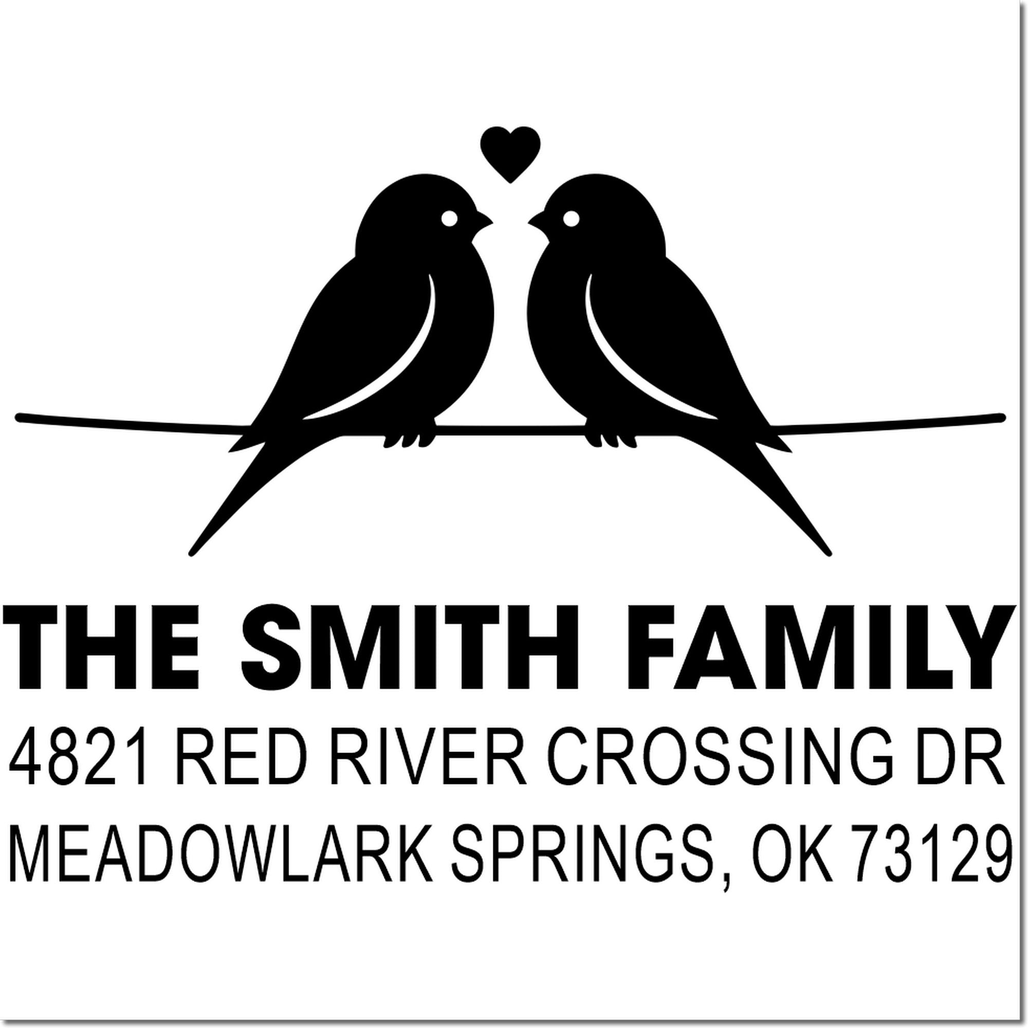 Custom rubber stamp with two birds and heart, personalized family name and address for return envelopes, wedding stationery, and mail labeling.