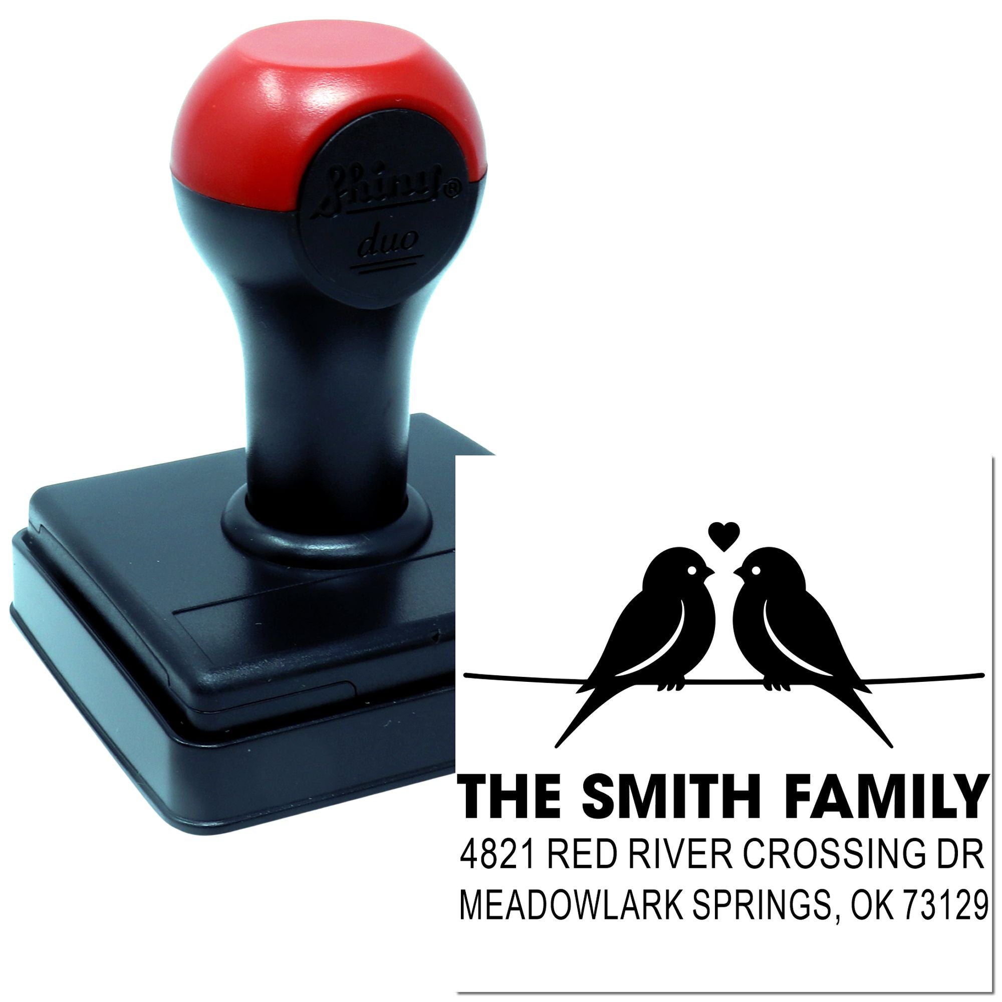 Custom self-inking rubber stamp with two birds and heart design, personalized family name and address return address stamp for envelopes