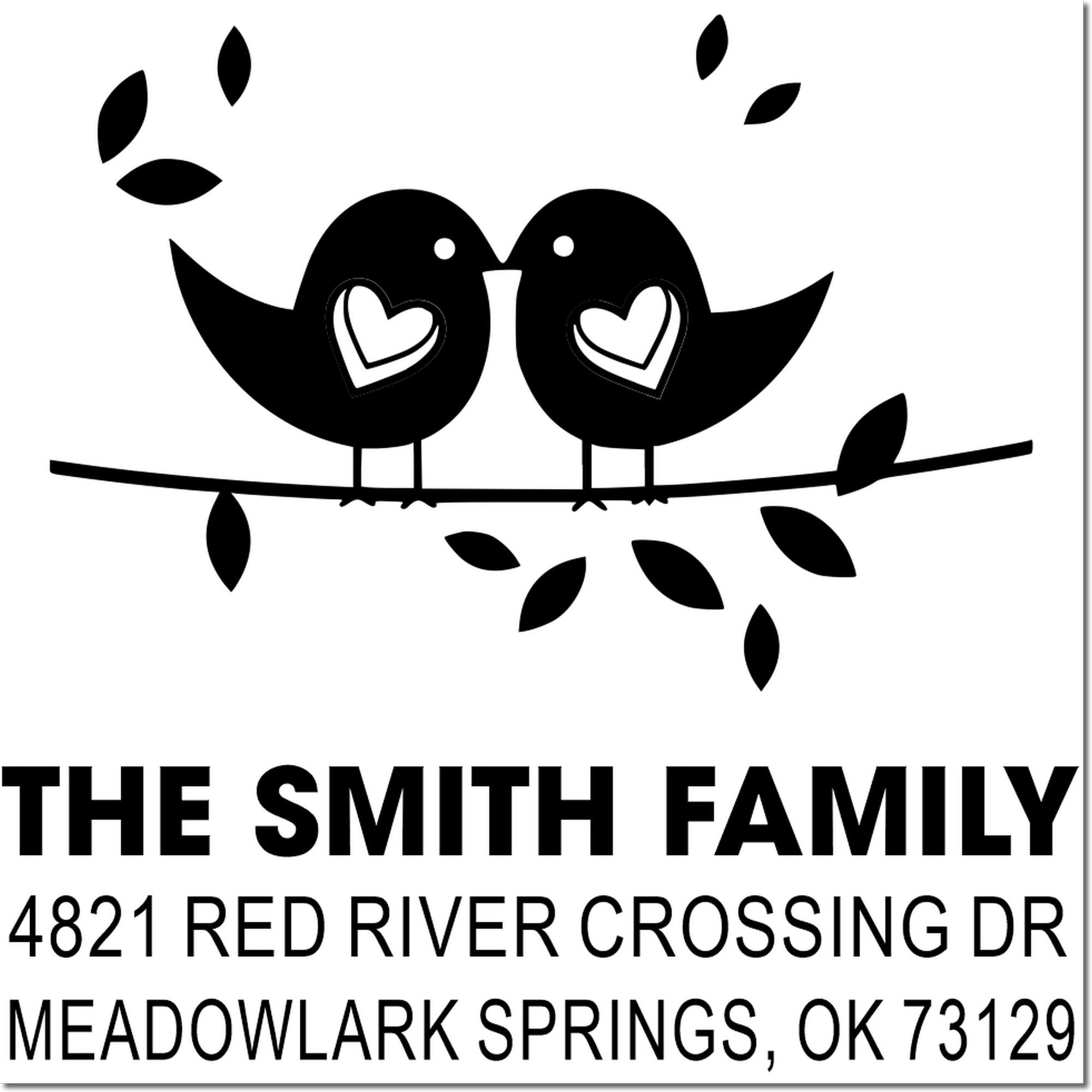 Personalized rubber address stamp with two love birds on a branch, heart accents, and return address for The Smith Family in Meadowlark Springs, OK 73129.