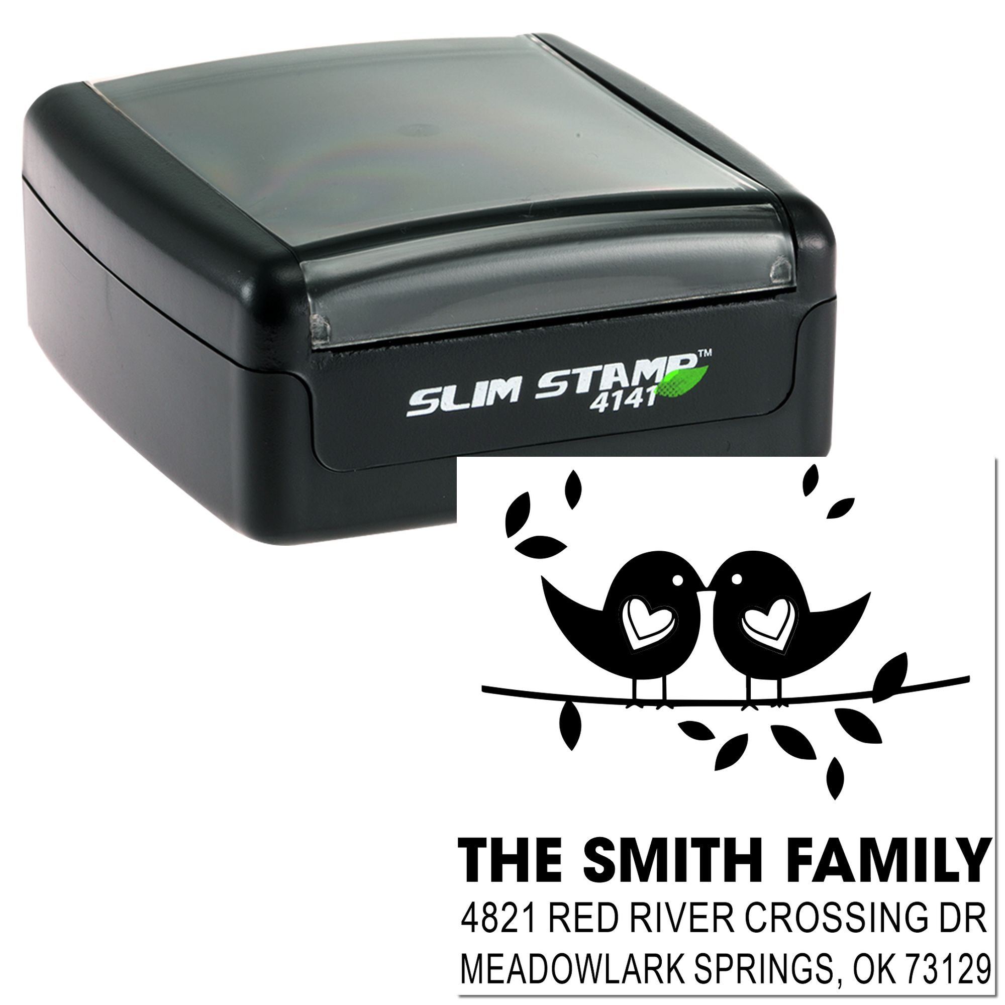 Custom slim self-inking rubber address stamp with bird monogram design and return address for personalized envelopes, cards and mailing labels.