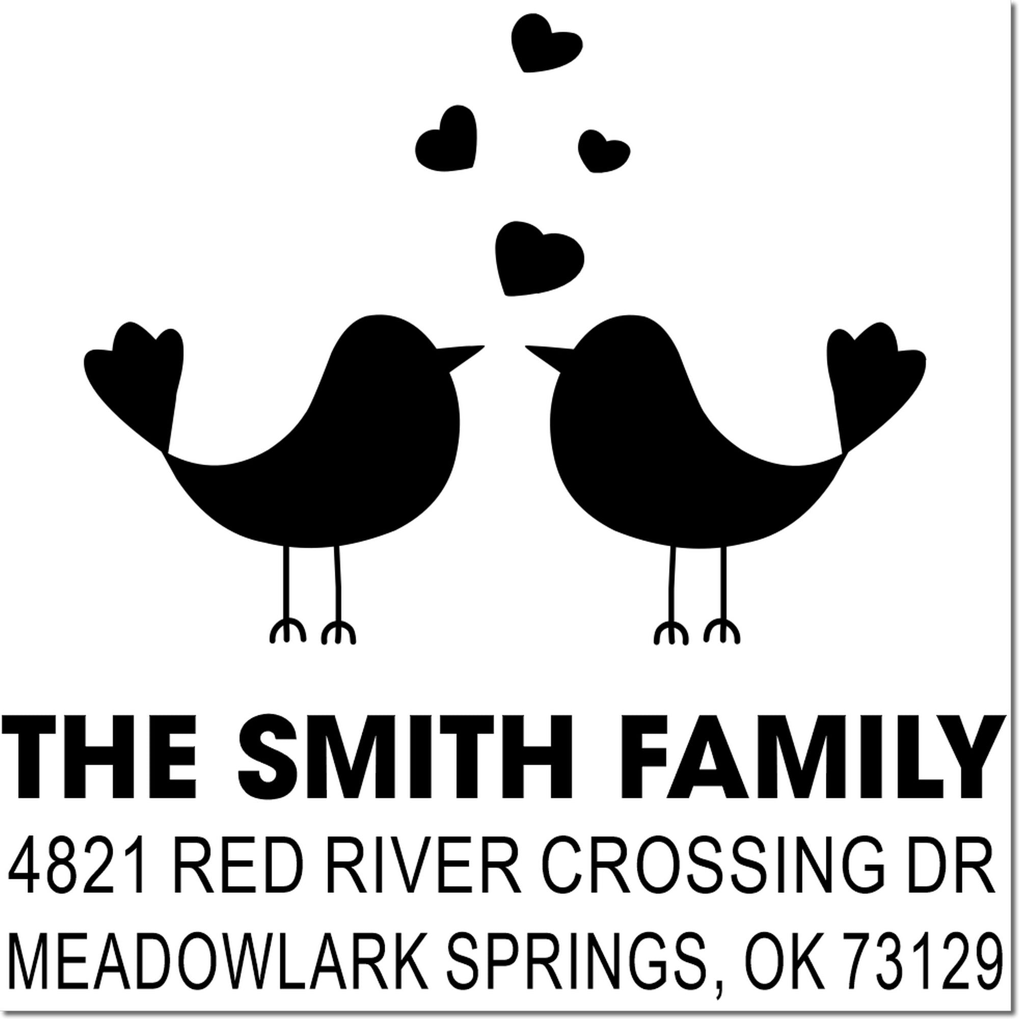 Custom return address rubber stamp with two birds and heart accents, personalized for The Smith Family in Meadowlark Springs, OK 73129.