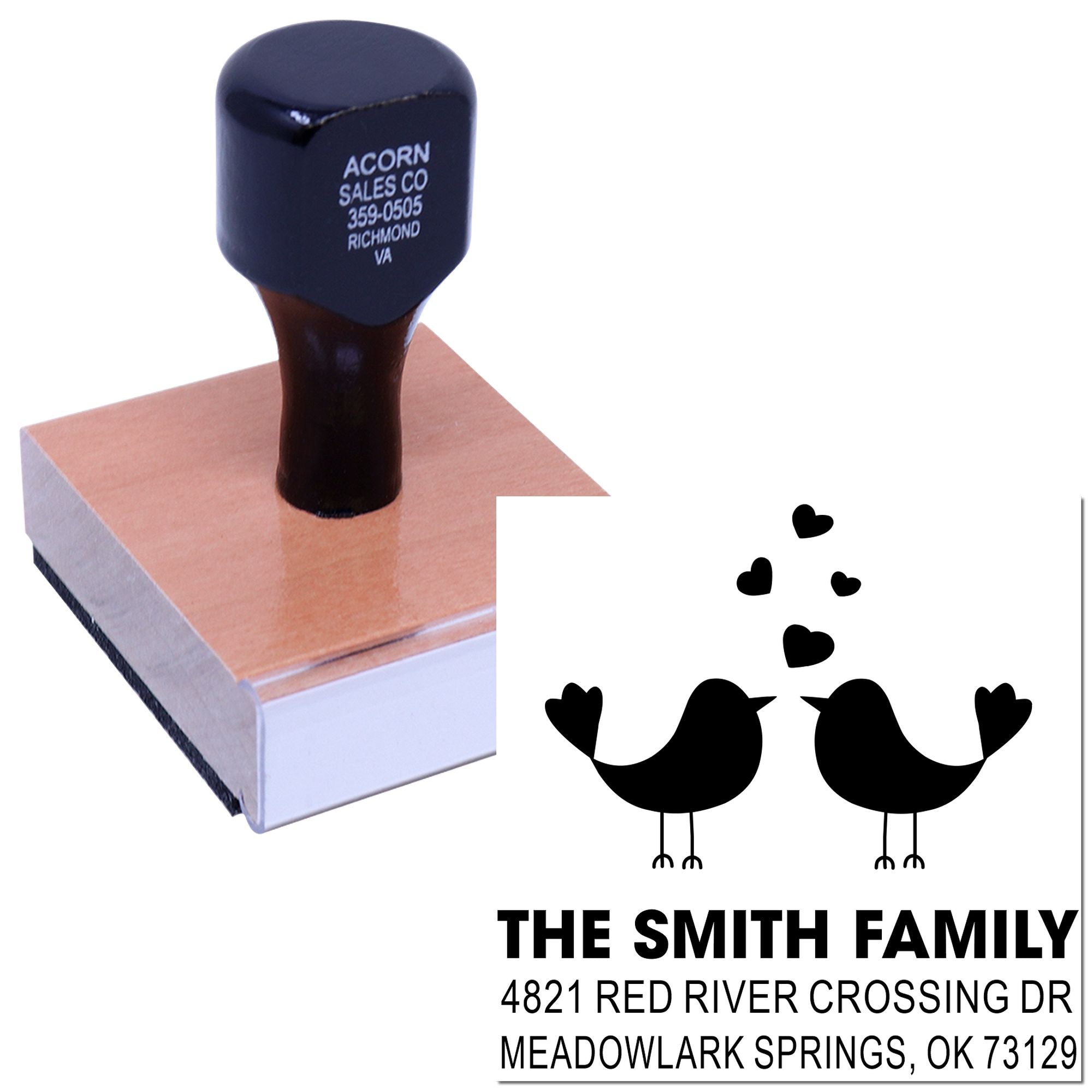 Custom self-inking rubber stamp with bird and heart design, personalized family return address stamp for The Smith Family, Meadowlark Springs, OK