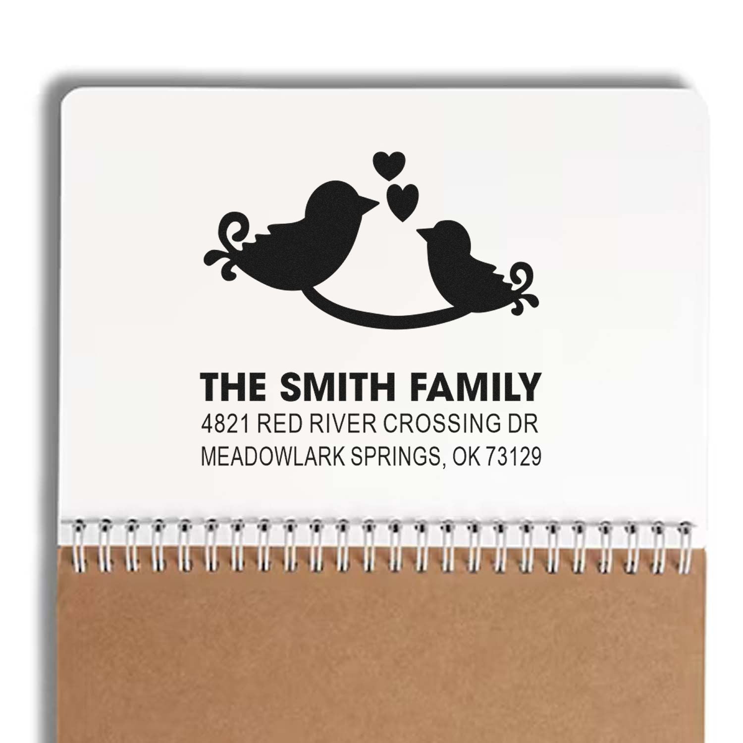 Custom return address rubber stamp with two birds and hearts, The Smith Family, 4821 Red River Crossing Dr, Meadowlark Springs, OK 73129