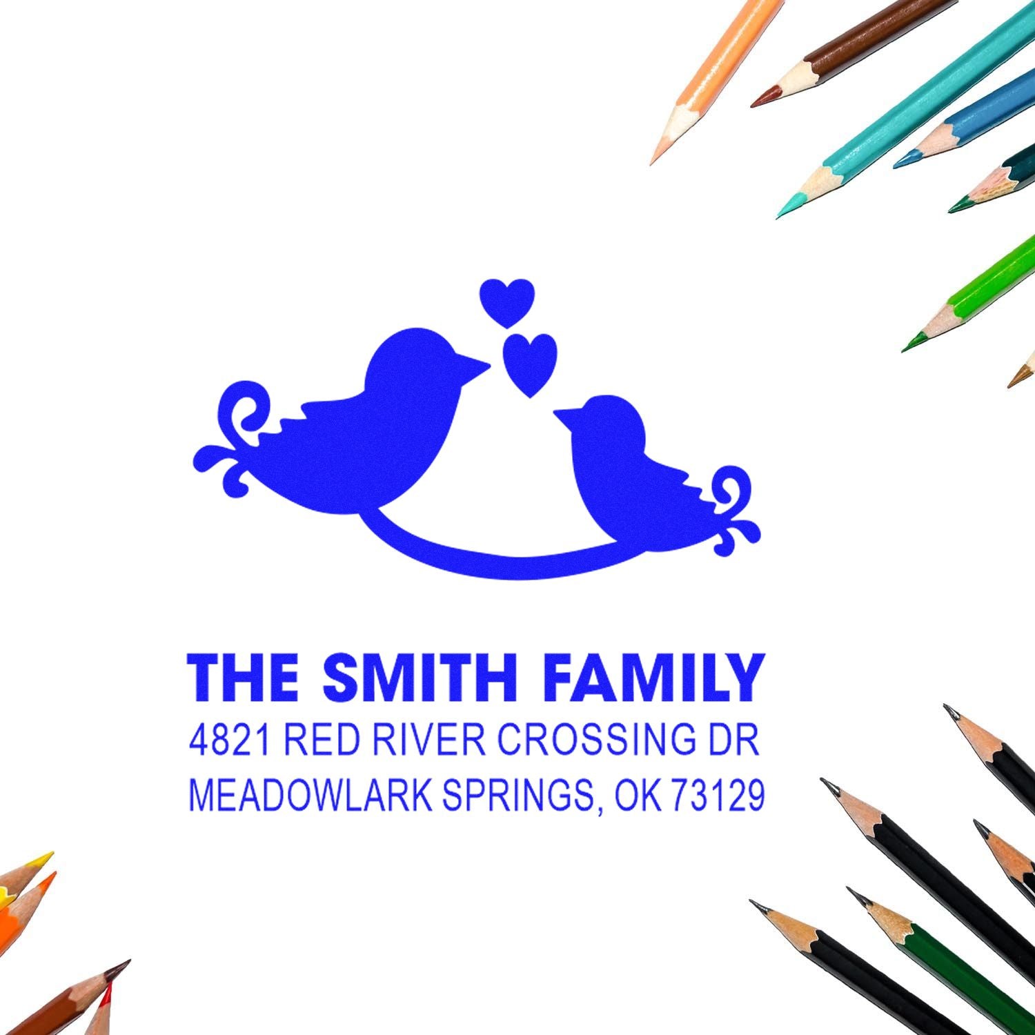 Custom rubber stamp with two blue birds and hearts, personalized family return address stamp for The Smith Family in Meadowlark Springs, OK 73129