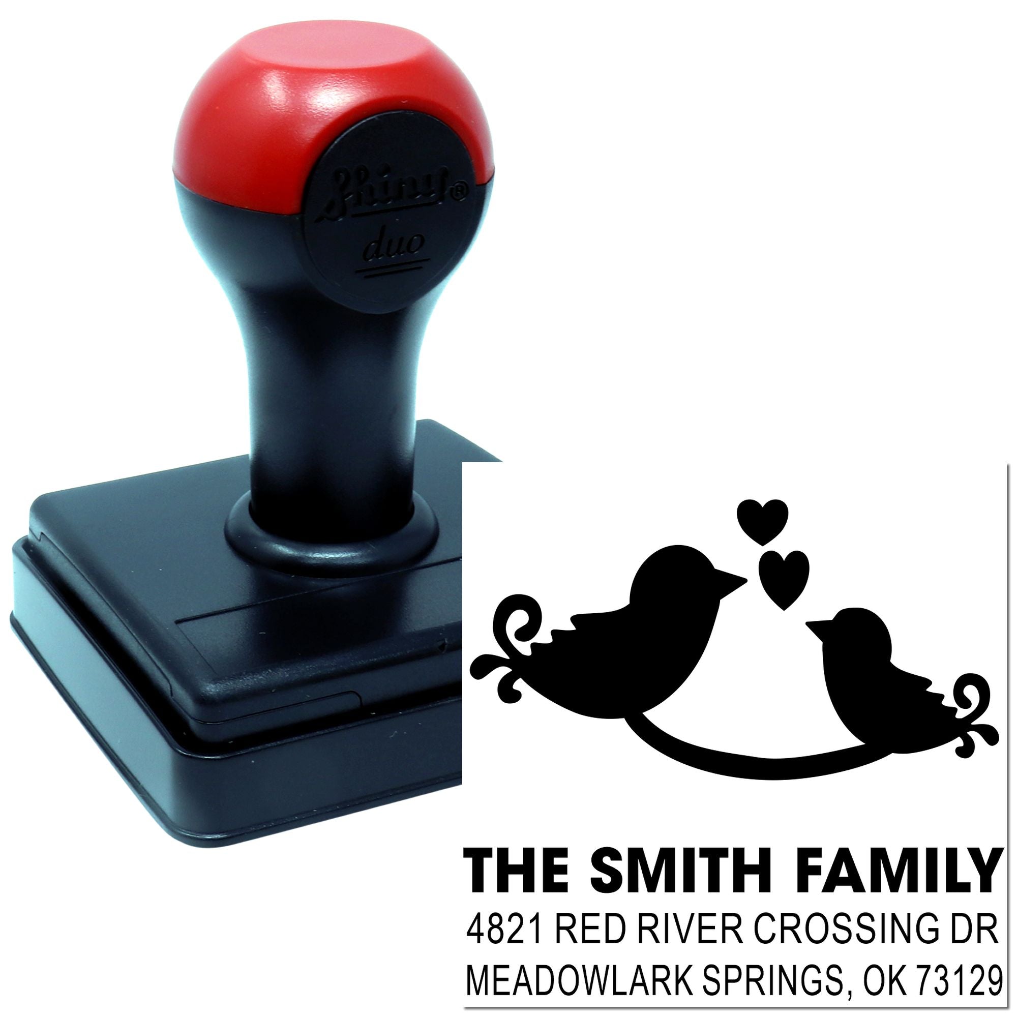 Custom self-inking return address stamp with birds and hearts design, The Smith Family name, and personalized home address rubber stamp.