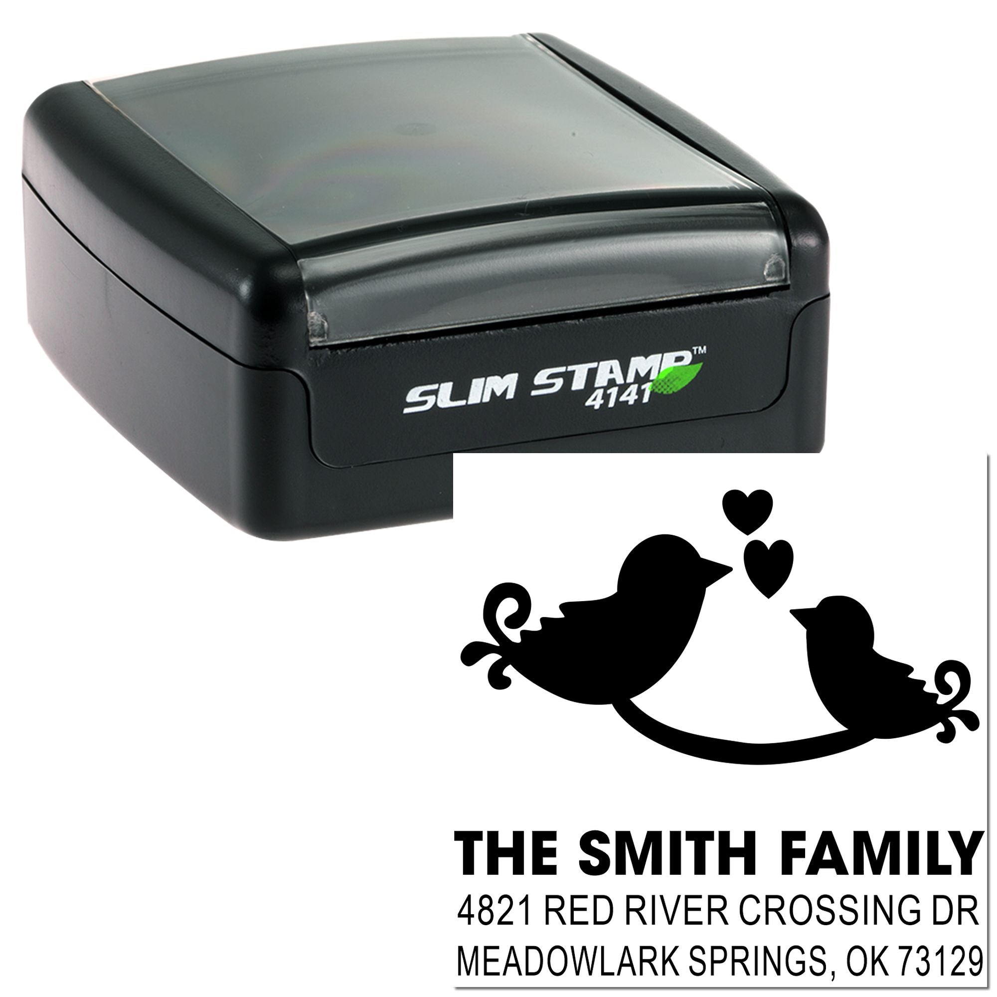 Slim Stamp 4141 self-inking rubber stamp with custom family return address design featuring birds, hearts, and personalized address text
