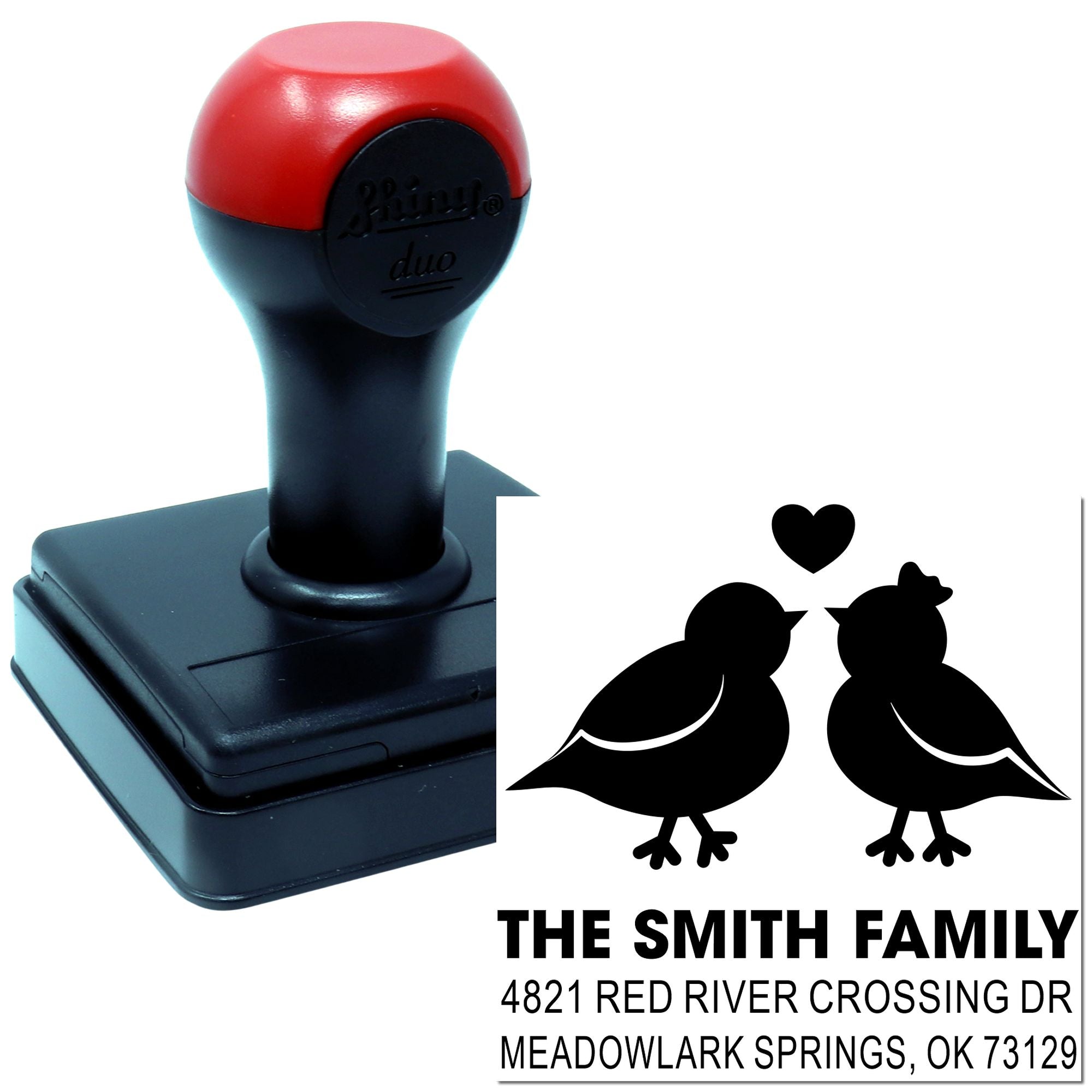 Custom self-inking rubber address stamp with birds and heart design, personalized family name, street address, city, state and ZIP code.