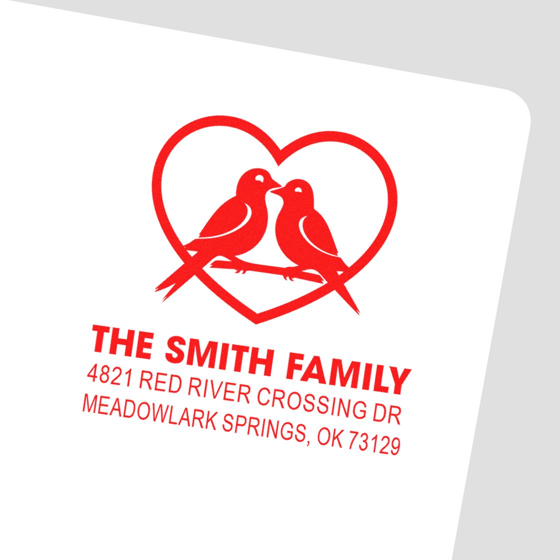 Custom rubber stamp with heart and two birds design, personalized family return address stamp for wedding or home mailings, red ink impression