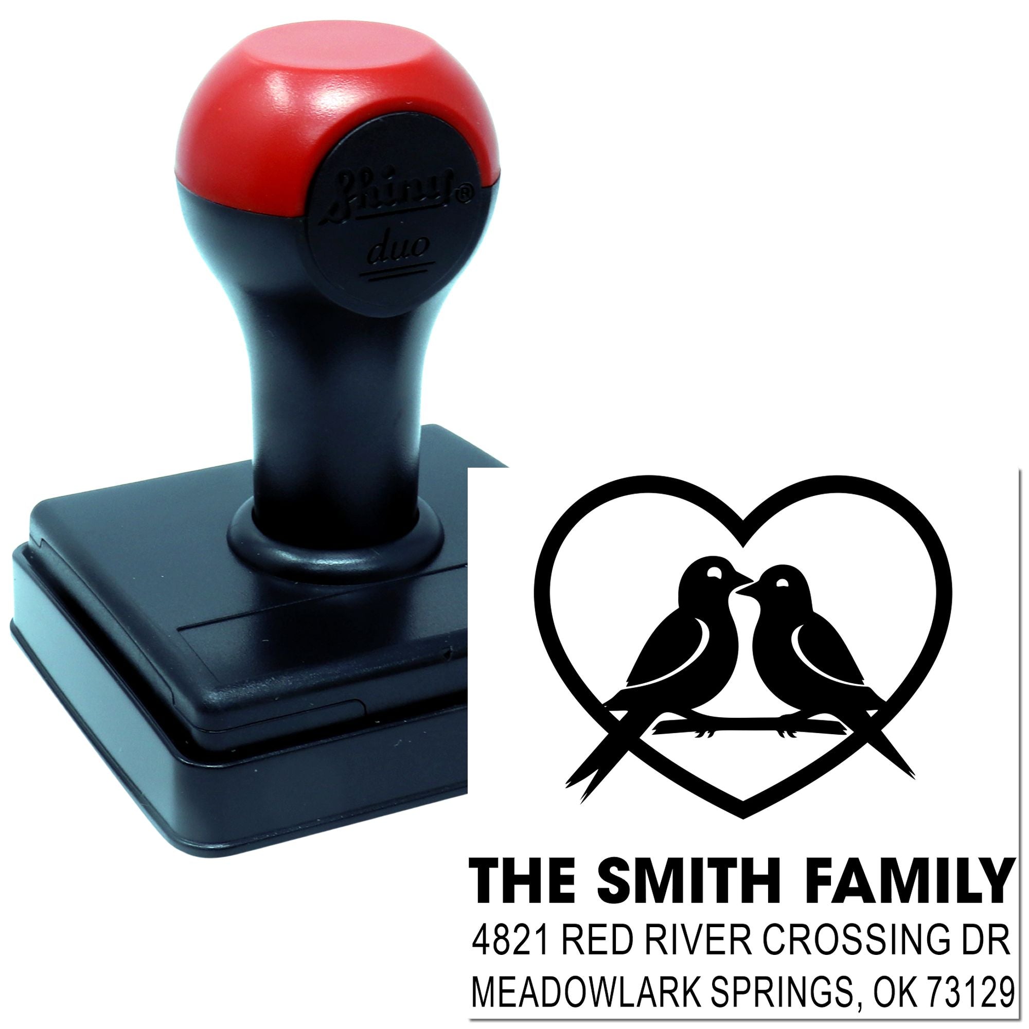 Custom self-inking rubber address stamp with heart bird design and family return address for personalized mailing and wedding invitations