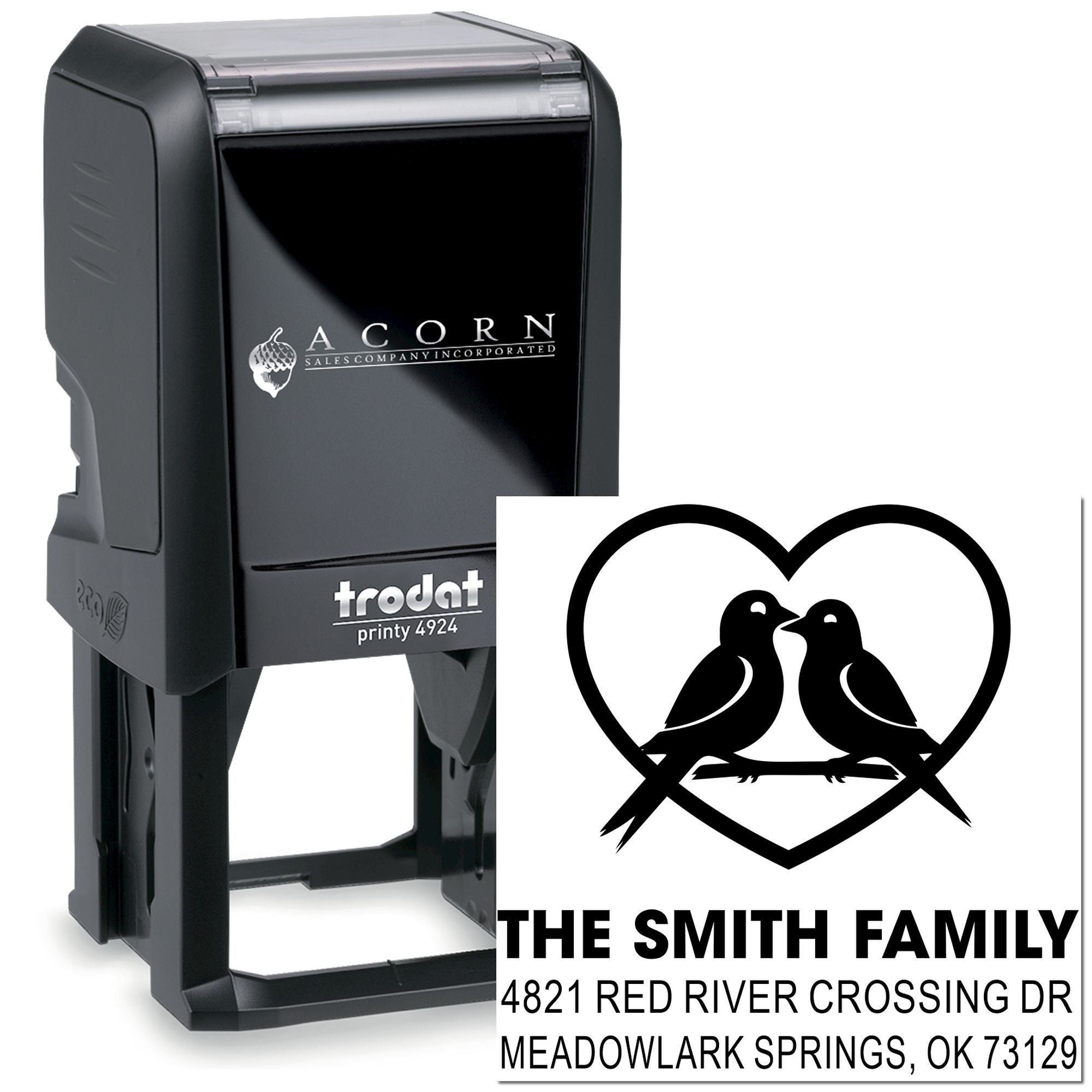 Custom black self-inking rubber stamp with heart bird logo and return address for The Smith Family, Trodat Printy 4924 style business stamp
