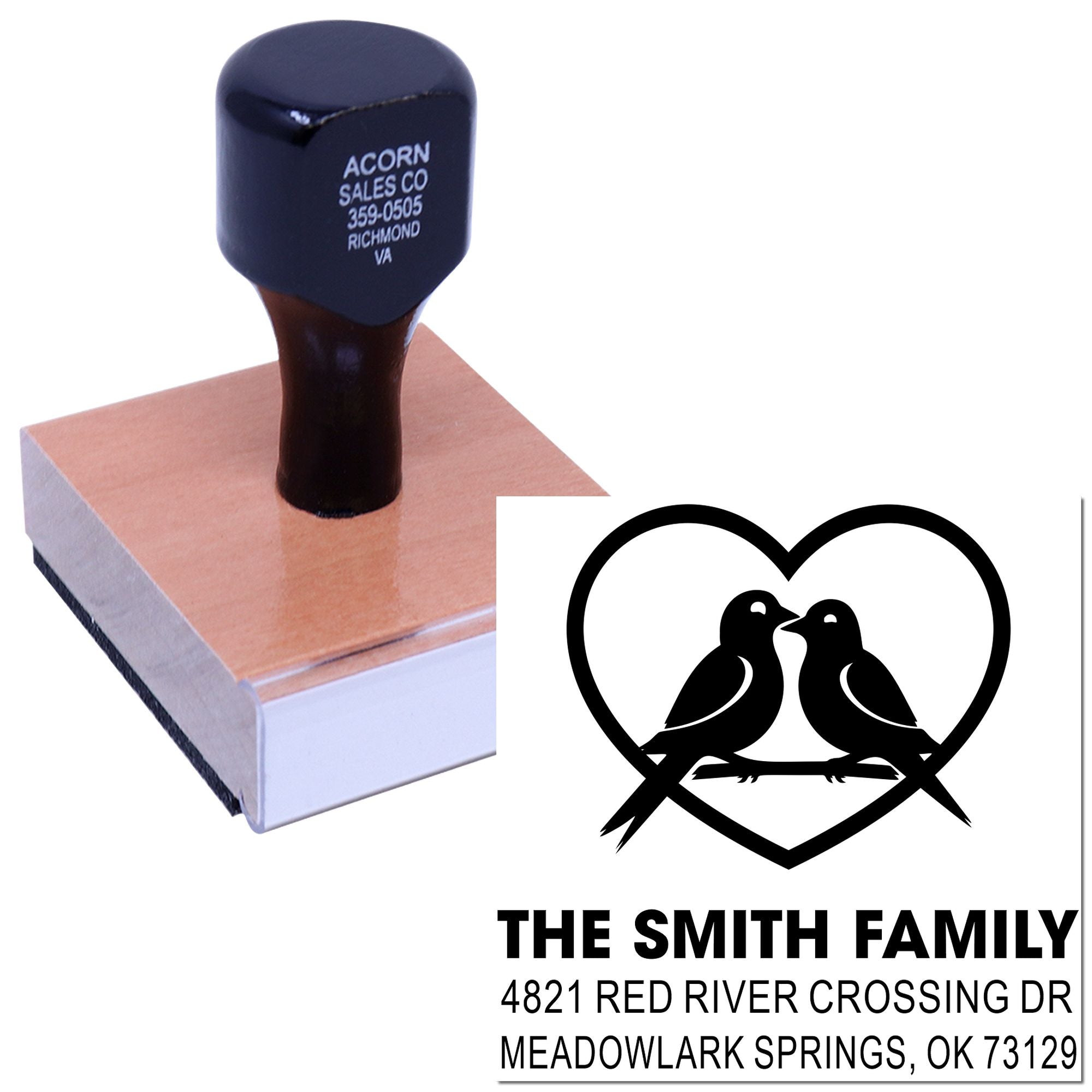 Custom self-inking rubber return address stamp with heart and birds design, featuring The Smith Family name and mailing address for personalized envelopes
