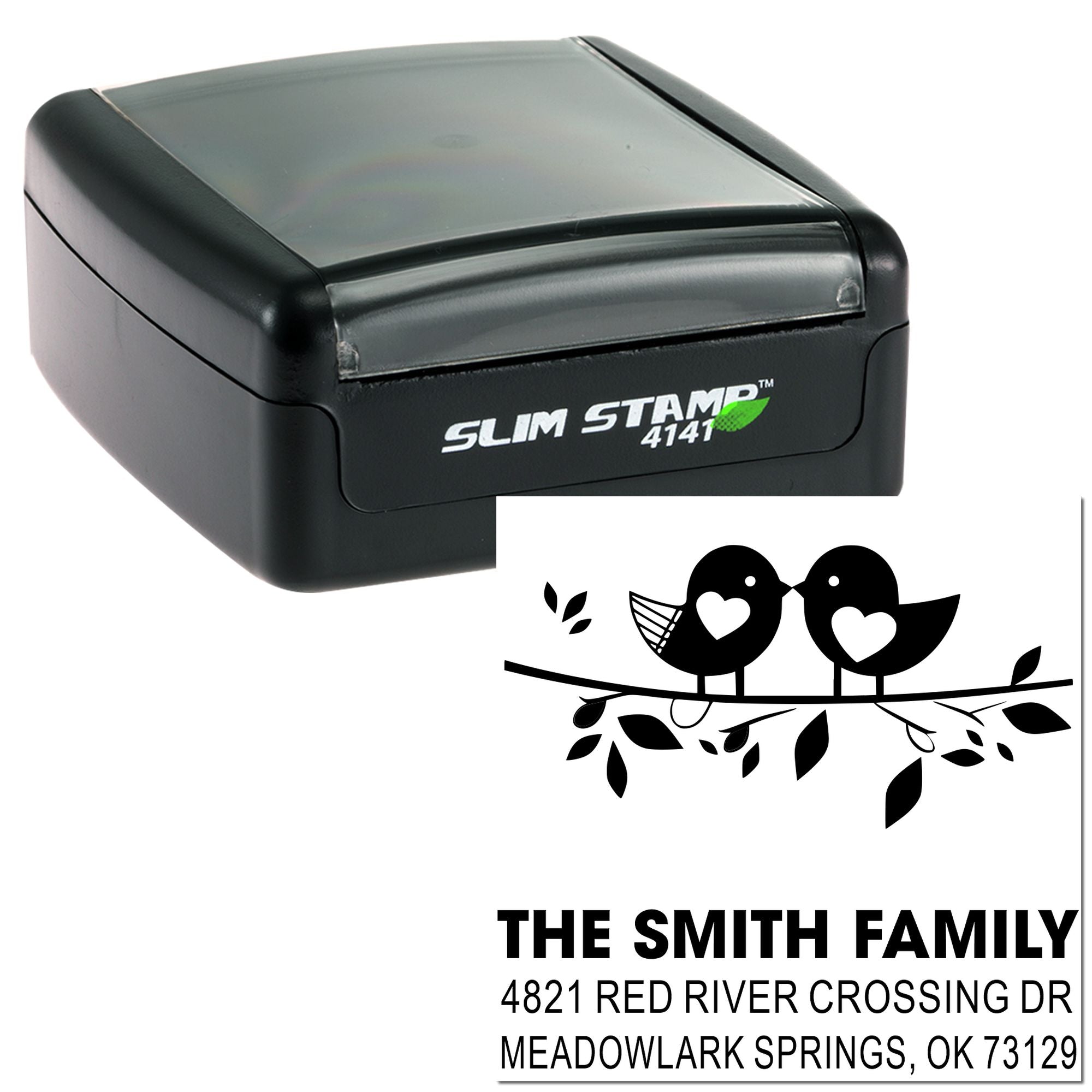 Slim Stamp 4141 personalized self-inking return address rubber stamp with birds on a branch design for The Smith Family in Meadowlark Springs, OK