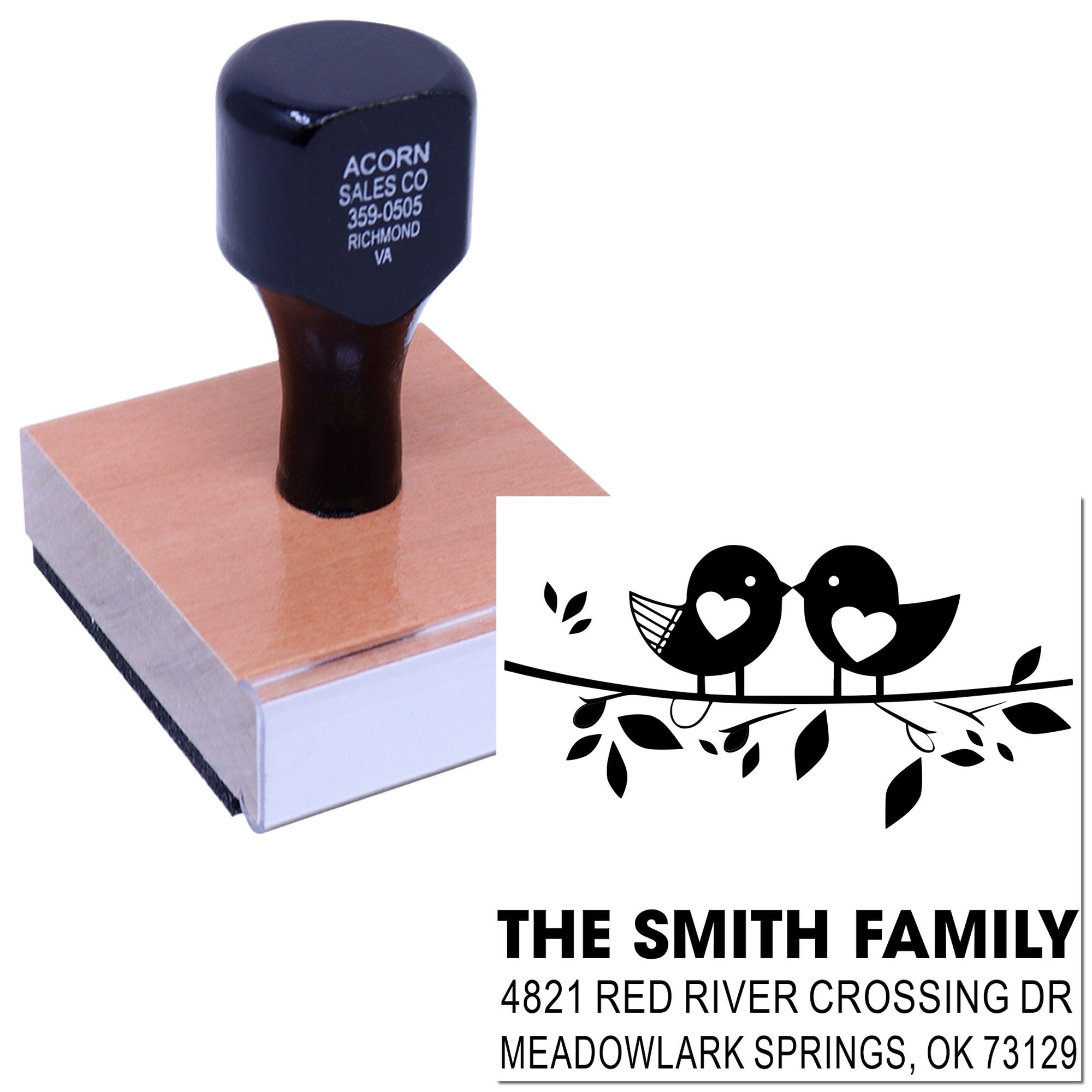 Custom rubber address stamp with birds on a branch, personalized family name and mailing address, self-inking wood handle stamp for envelopes