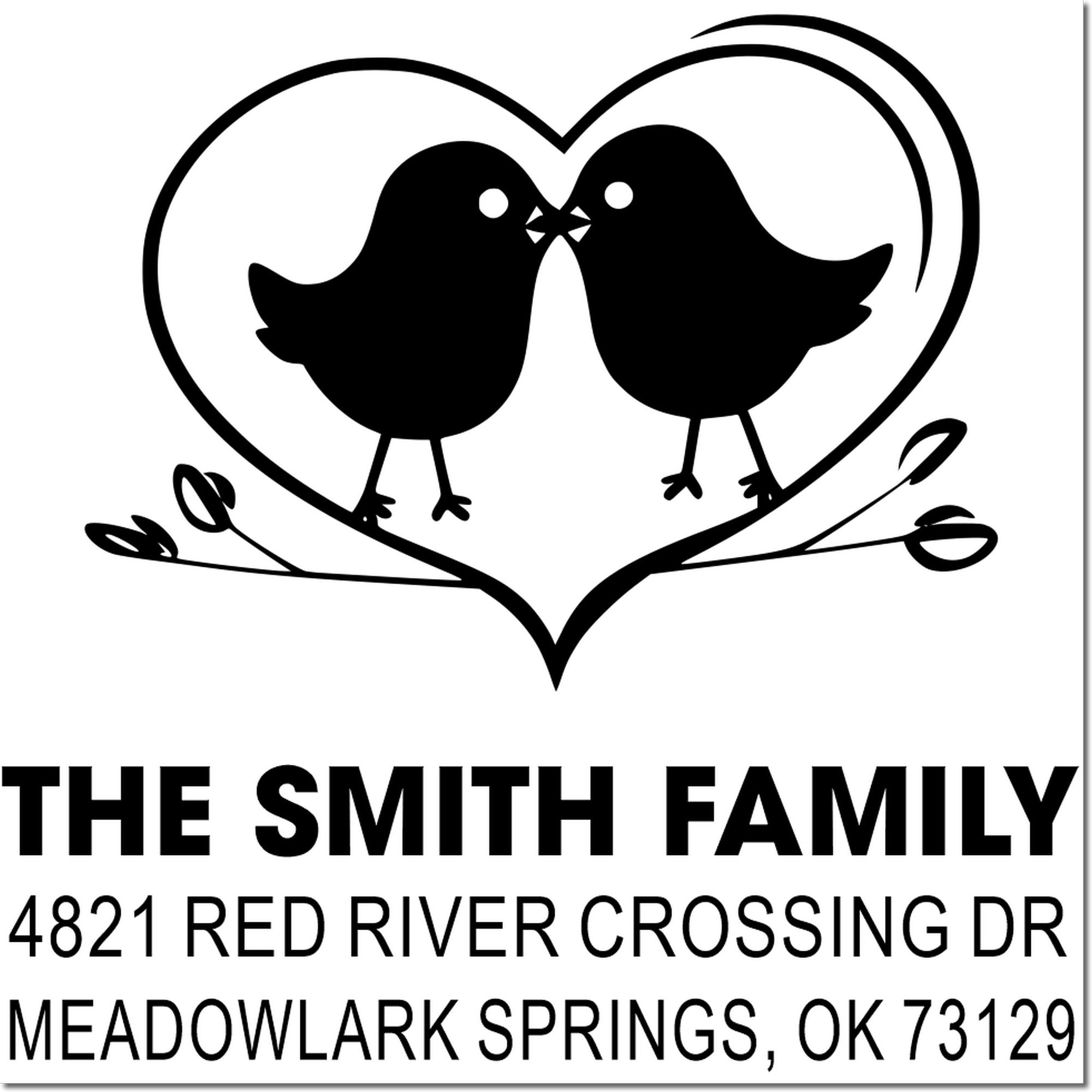 Custom rubber stamp with heart-shaped bird logo, The Smith Family name, Red River Crossing Dr address, Meadowlark Springs, OK 73129