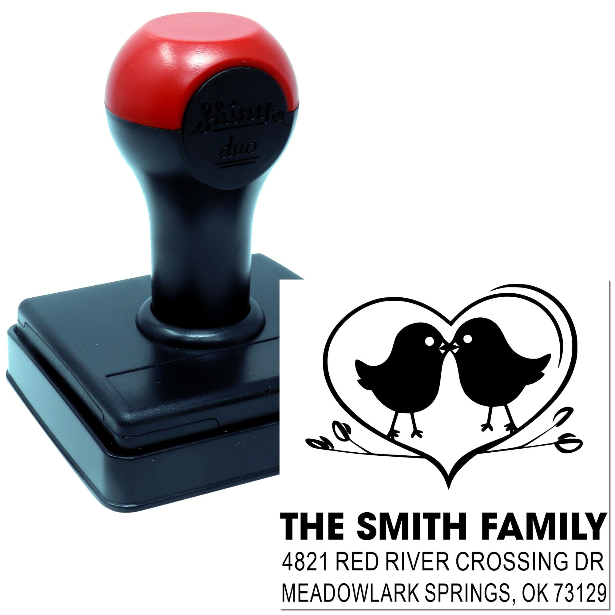 Custom self-inking rubber stamp with red and black handle, personalized family address design with birds in heart for return mail and envelopes