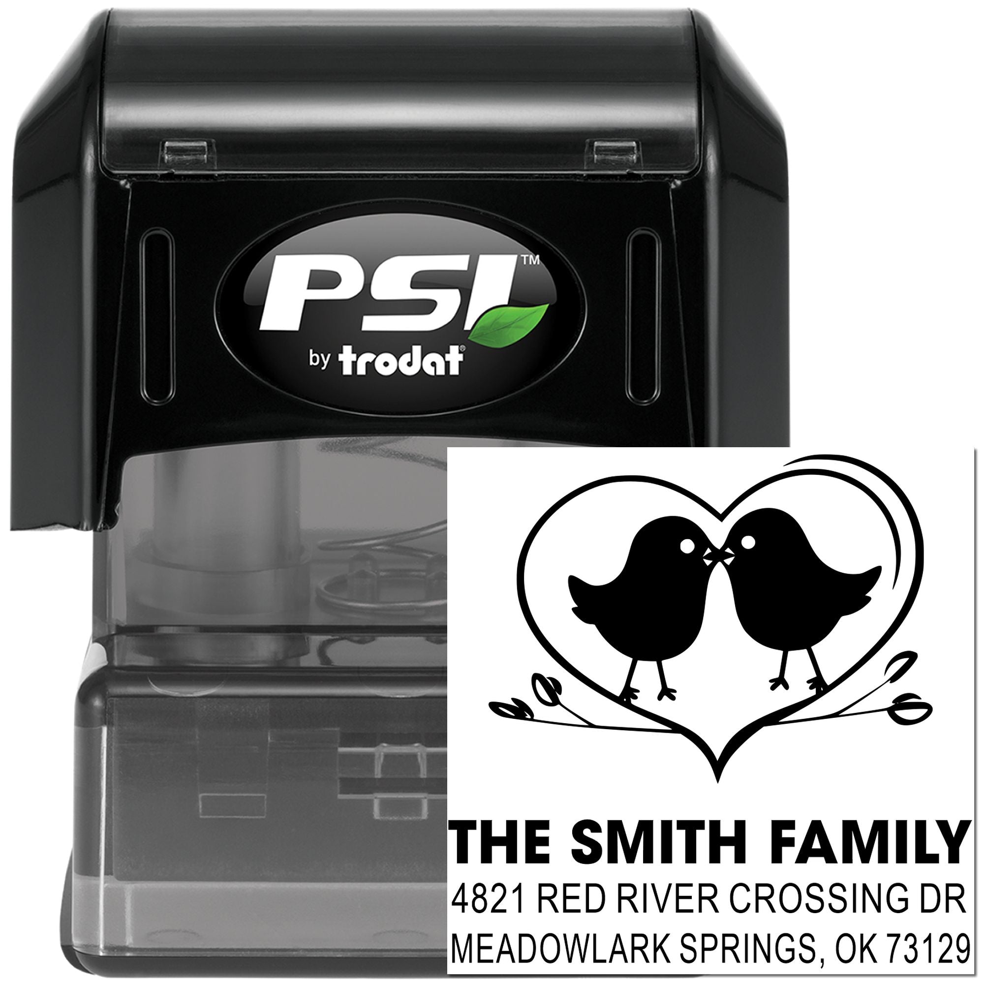 Custom self-inking rubber address stamp with bird heart design, PSI by Trodat, featuring The Smith Family and Meadowlark Springs OK return address