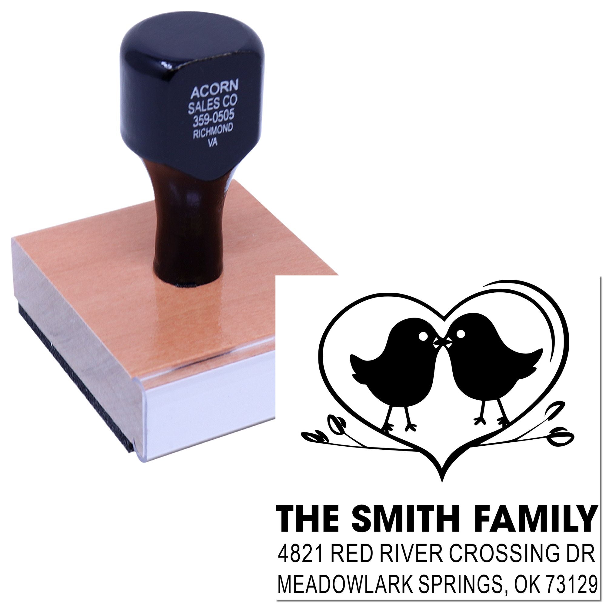 Custom return address rubber stamp with heart and two birds design, personalized family name stamp for envelopes, wedding invites, and mail.