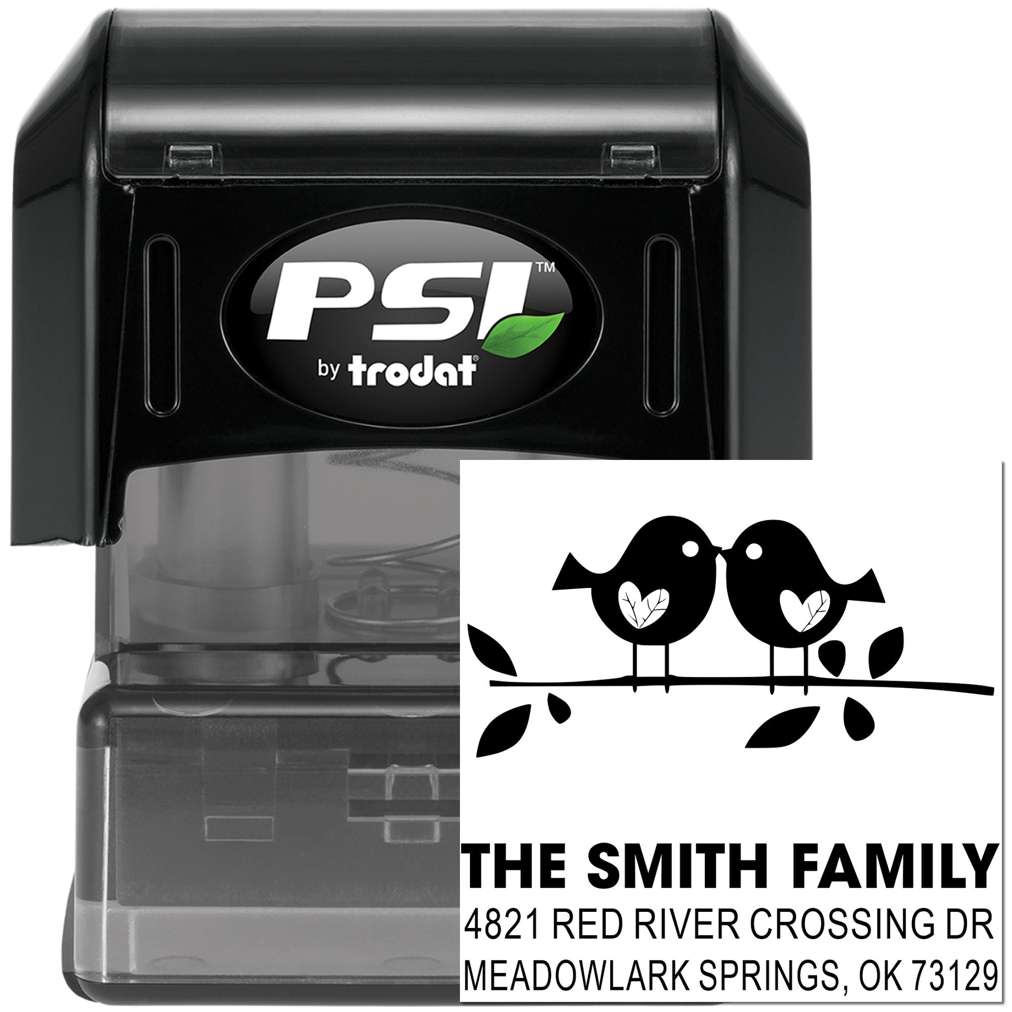 PSI by Trodat self-inking rubber stamp with custom bird couple return address design for The Smith Family, Meadowlark Springs mailing stamp