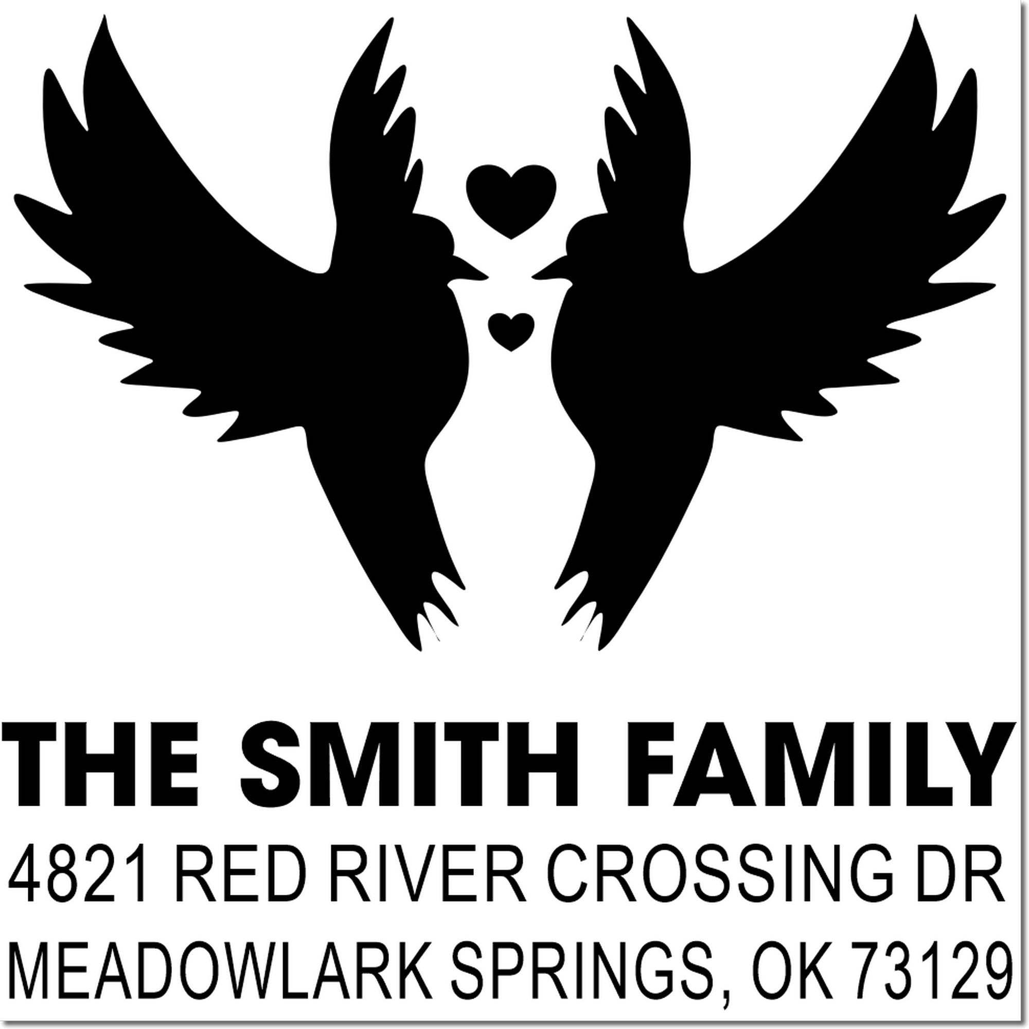 Custom rubber stamp with winged hearts design, The Smith Family, 4821 Red River Crossing Dr, Meadowlark Springs, OK 73129 personalized address stamp