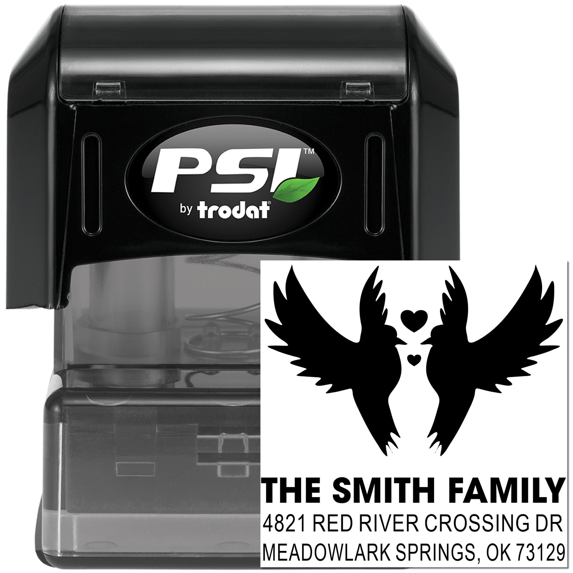 Custom self-inking address stamp with bird wing heart design, The Smith Family name, and return address for Meadowlark Springs, OK 73129