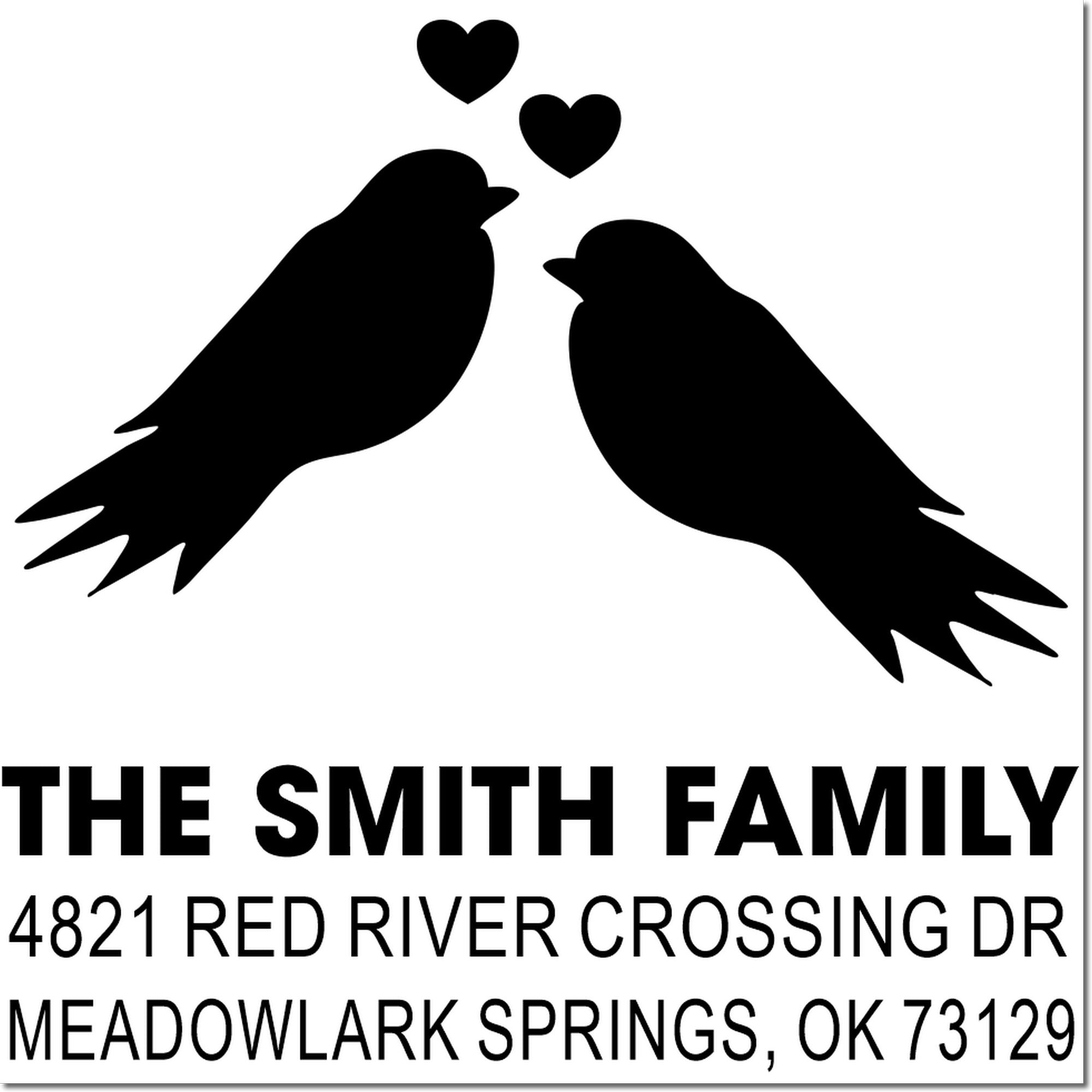 Custom bird family return address rubber stamp with two birds, hearts, and personalized name and address for wedding or home use, black silhouette.