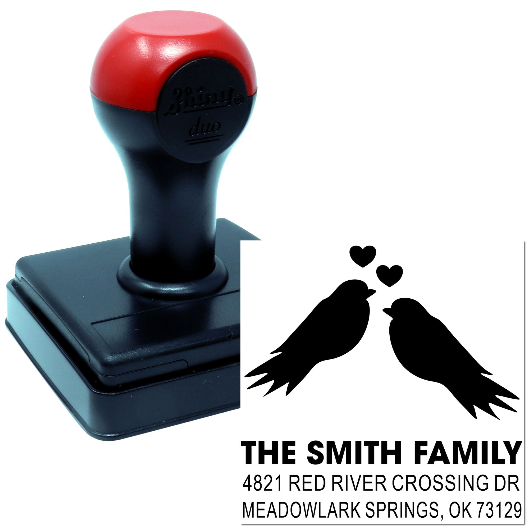 Custom self-inking address stamp with two birds and hearts, personalized family name and return address, perfect for wedding invites and home mailings.