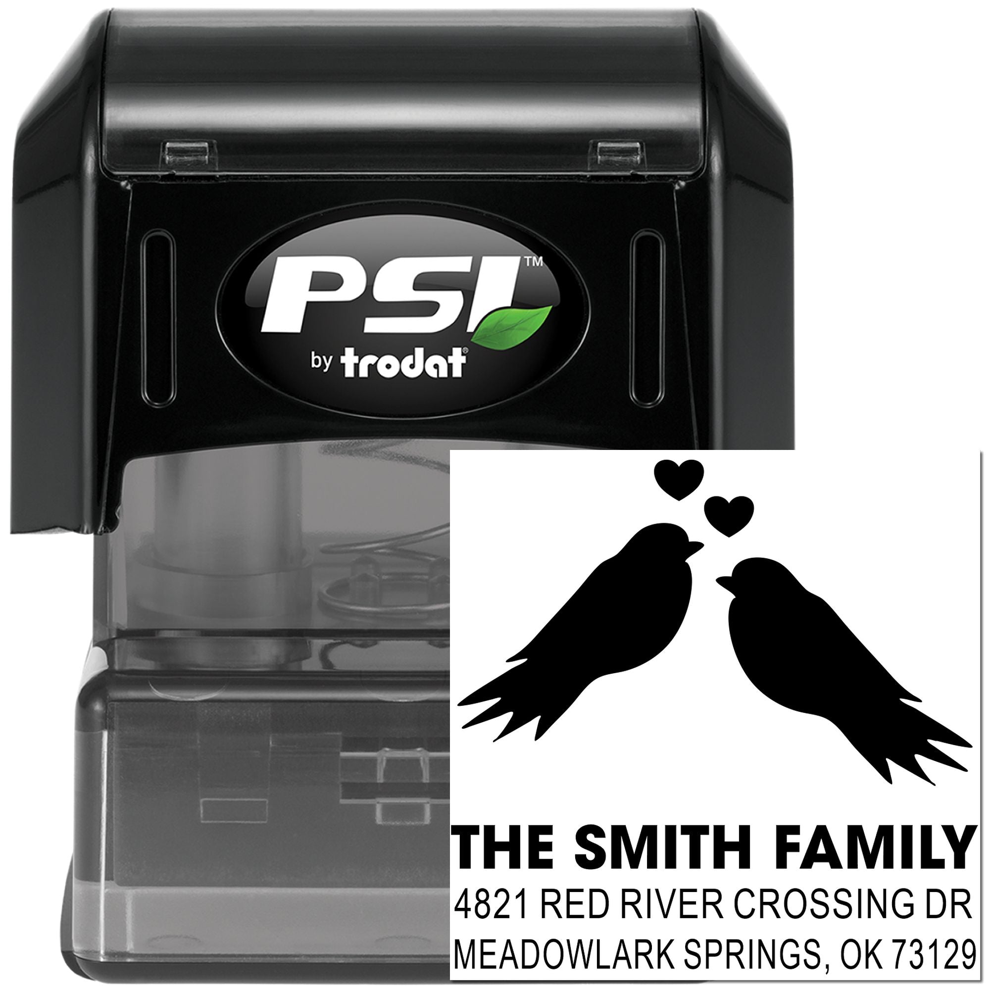 Custom self-inking rubber address stamp with bird and heart design, personalized family name and return address, PSI by Trodat black stamp