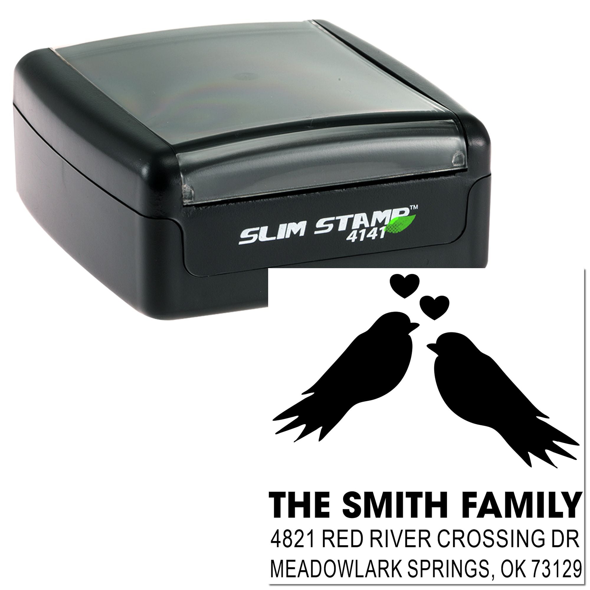 Custom self-inking rubber stamp with birds and hearts, featuring The Smith Family return address for personalized mailing and craft projects.