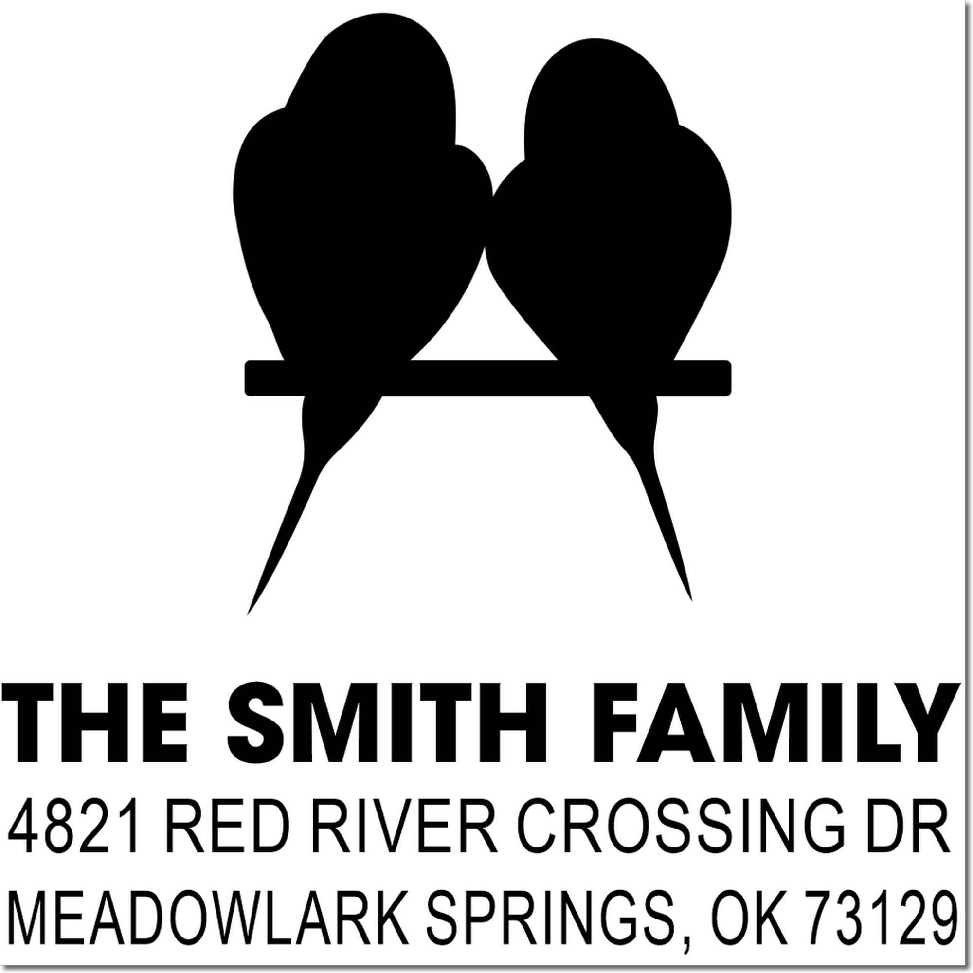 Custom rubber address stamp with bird logo for The Smith Family, 4821 Red River Crossing Dr, Meadowlark Springs, OK 73129, for home and office use