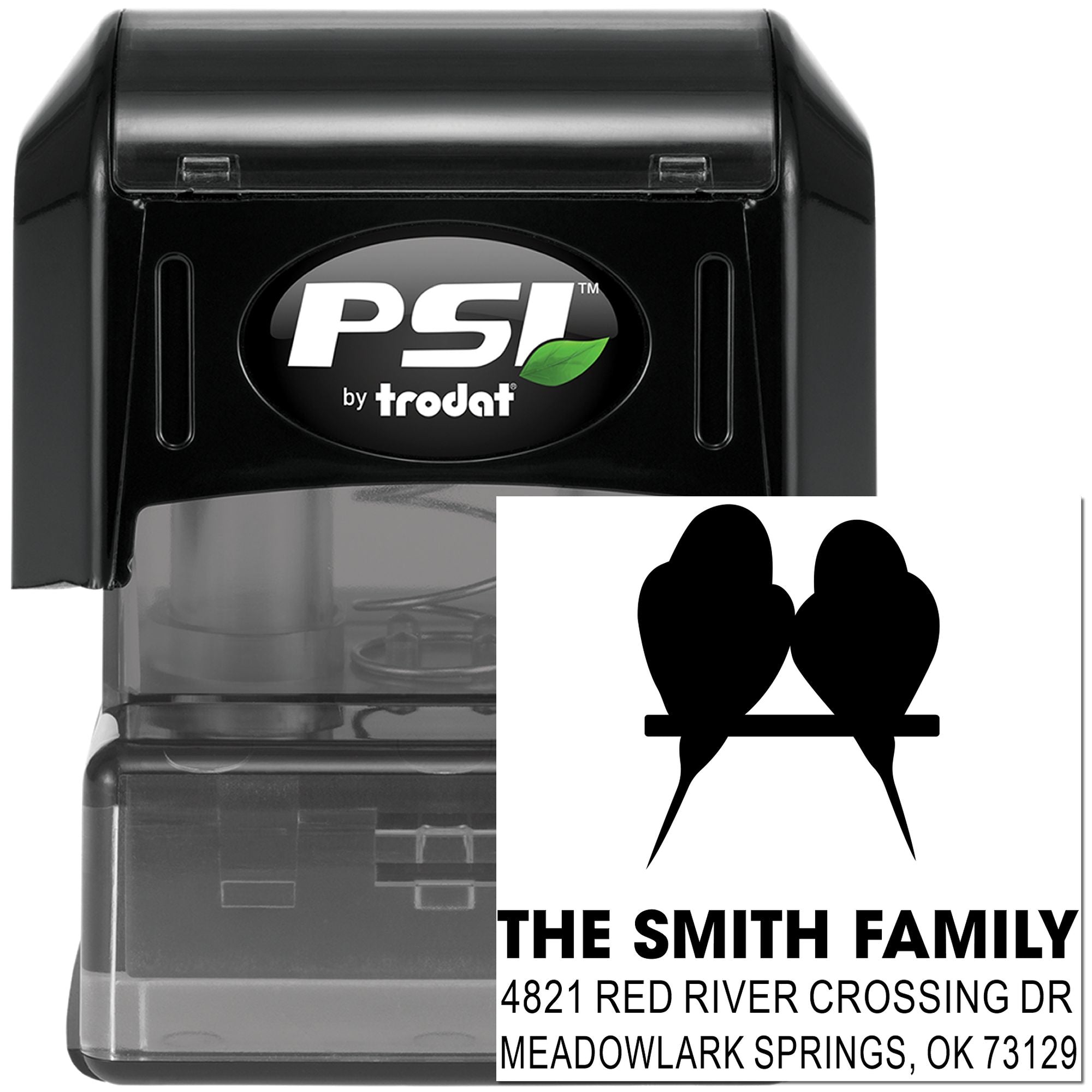 Custom PSI by Trodat self-inking rubber address stamp with bird design, Smith Family name, and Meadowlark Springs return address for mailing labels