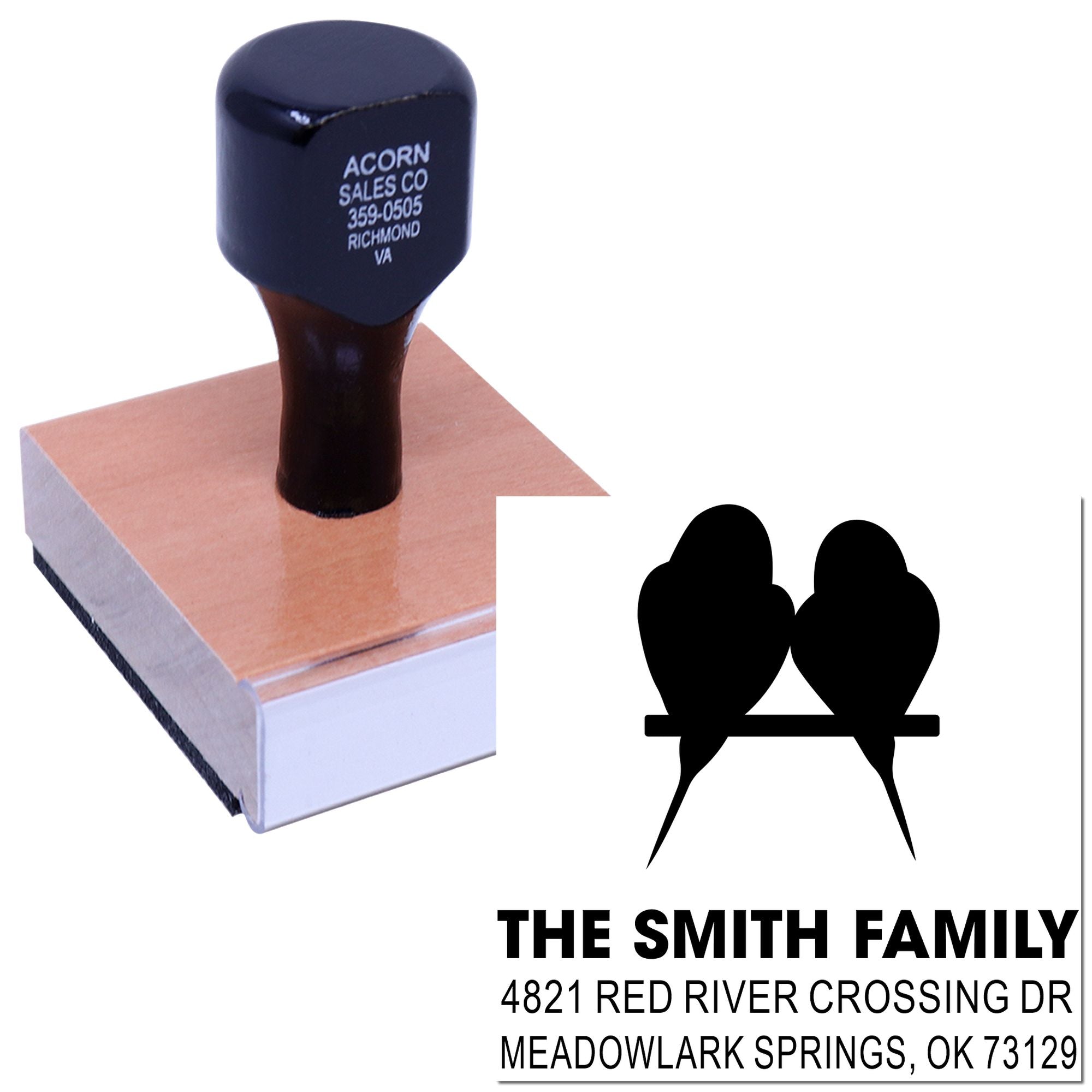 Custom self-inking rubber address stamp with The Smith Family name, birds design, and return address for home mailing and personalization.