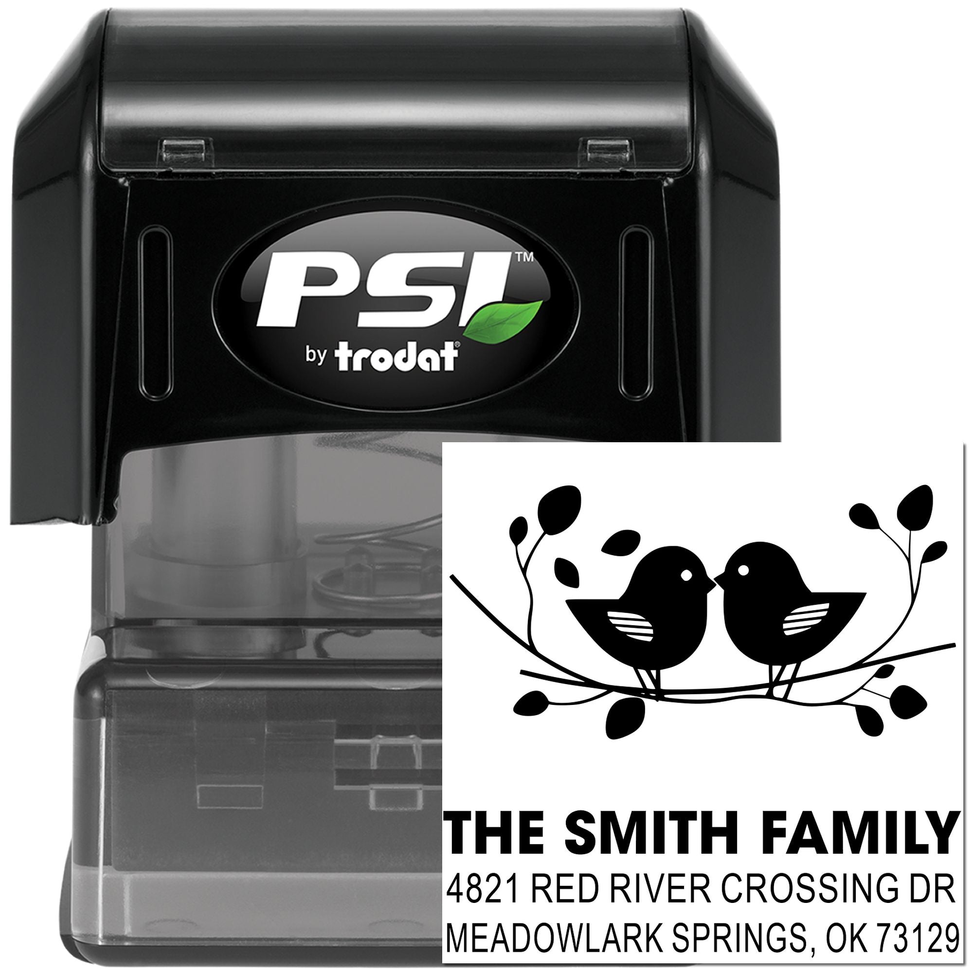 Custom self-inking rubber address stamp with birds design, PSI by Trodat, personalized family name and return address for mailing envelopes.