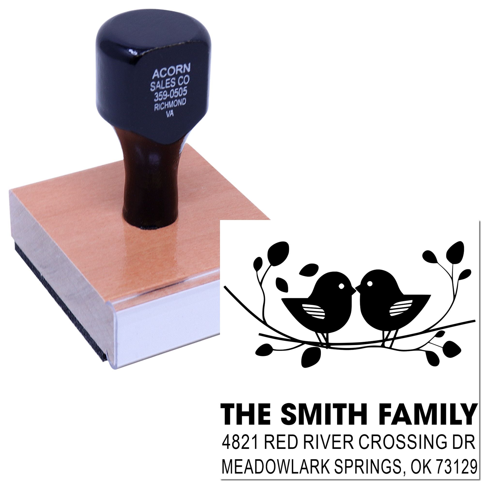Custom rubber stamp with bird and family address design, self-inking style stamp for personalized mail, cards, home organization, and return labels.