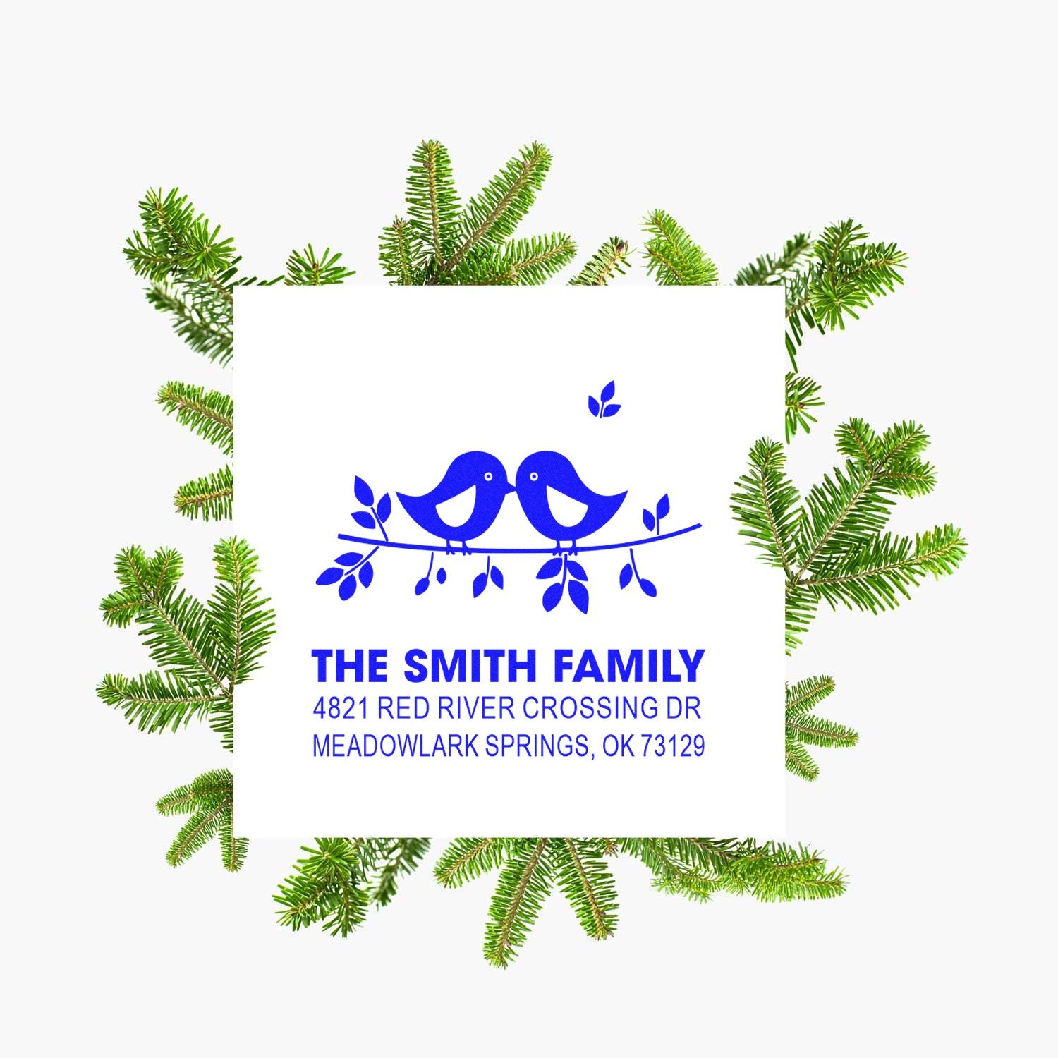 Custom rubber stamp with two birds on a branch, personalized family name and return address, ideal for holiday cards, stationery, and gifts.