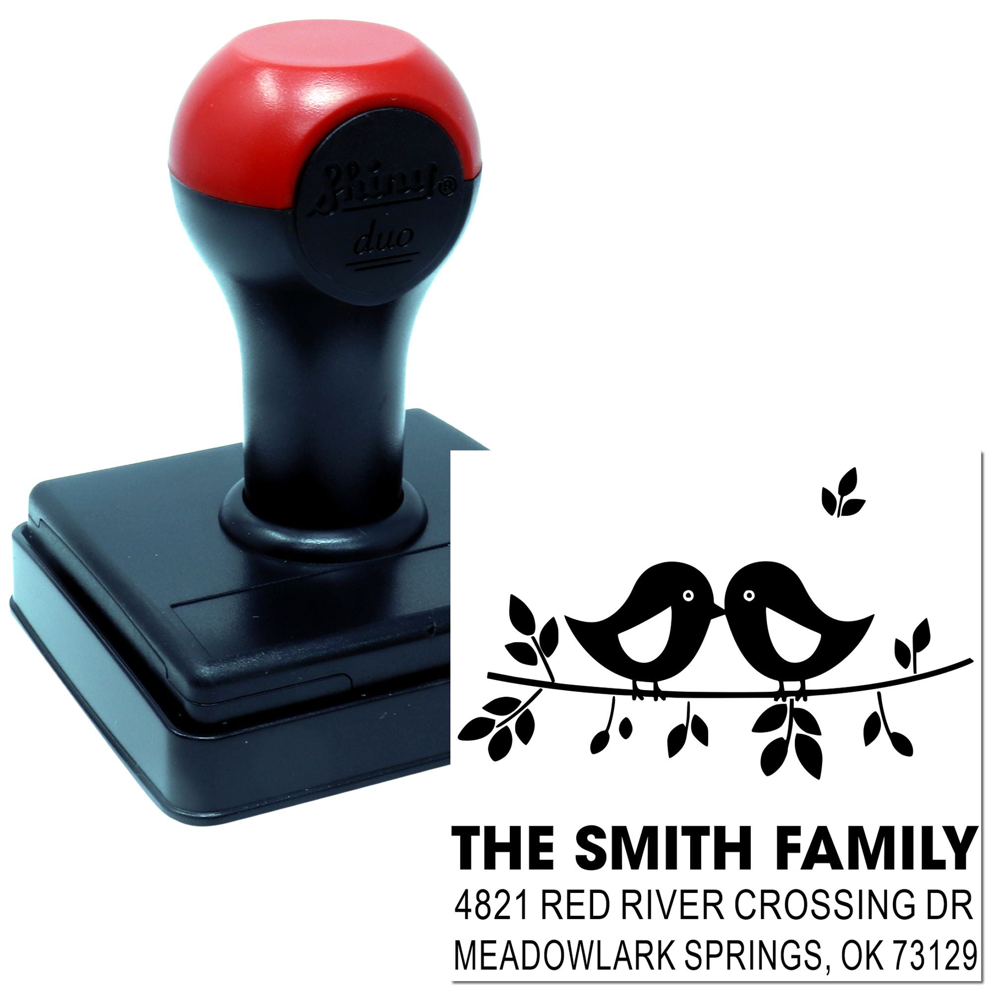 Custom self-inking rubber stamp with two birds family address design and return address, personalized stamper for envelopes and home mail