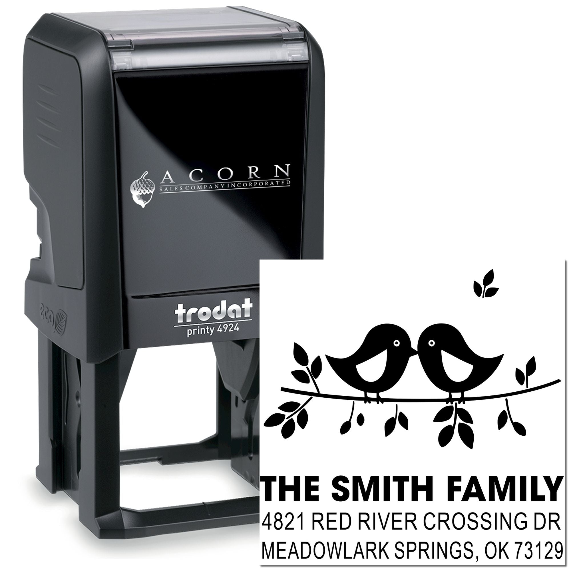 Custom self-inking rubber address stamp with bird design, Trodat Printy 4924, personalized family name and return address for mail and crafts