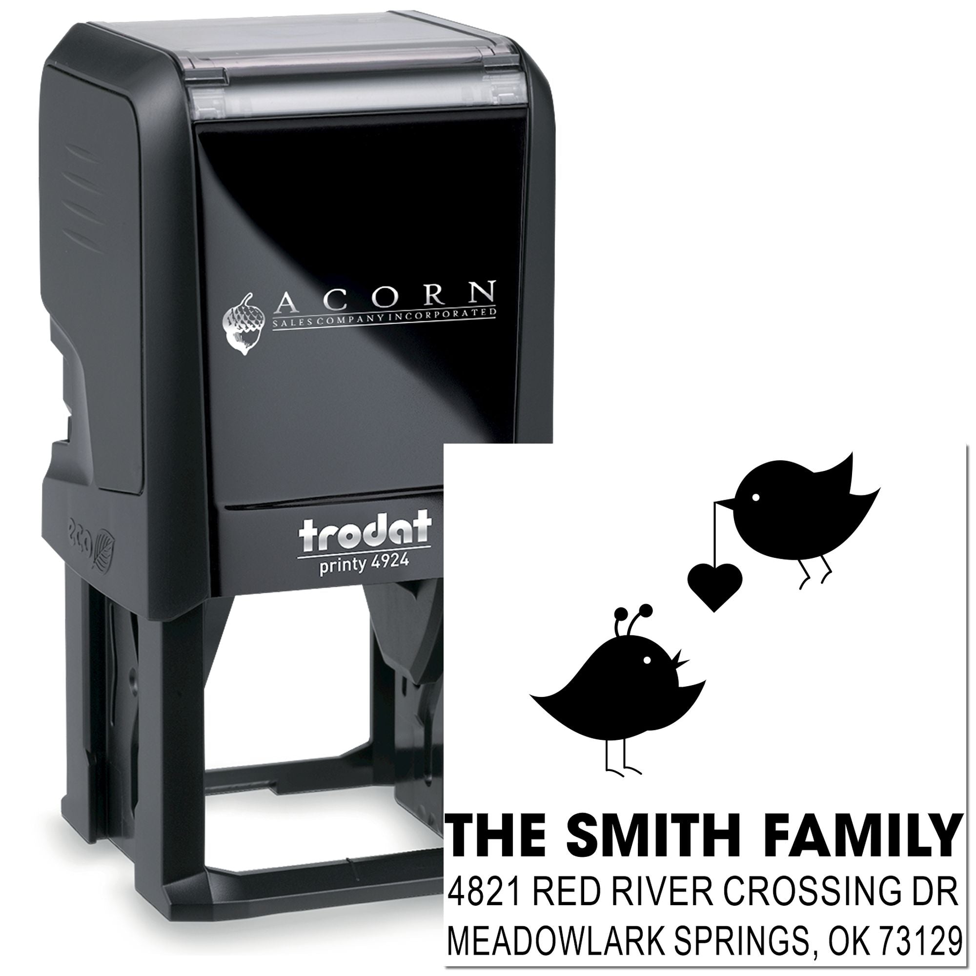 Custom self-inking address stamp, Trodat Printy 4924, personalized family return address rubber stamp with bird design for home mailing labels