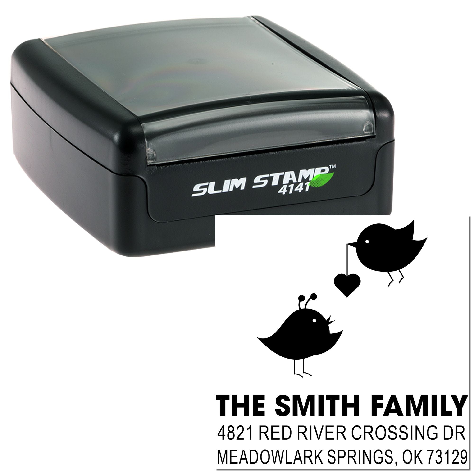 Custom Slim Stamp 4141 rubber address stamp with bird design and Smith family return address for personalized envelopes, cards and mailings